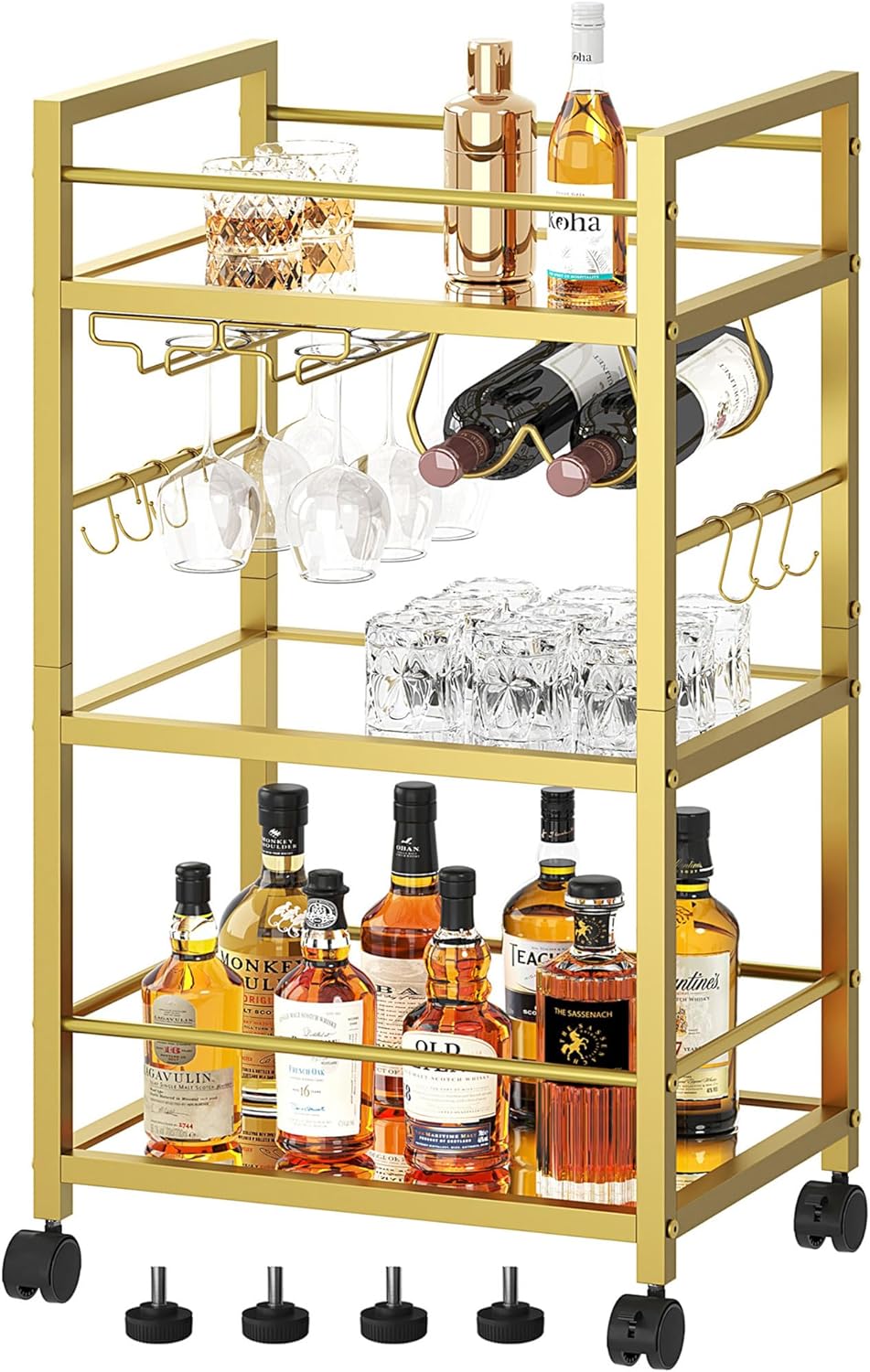 Gold Rolling Bar Cart with Wine Rack - Homedawn