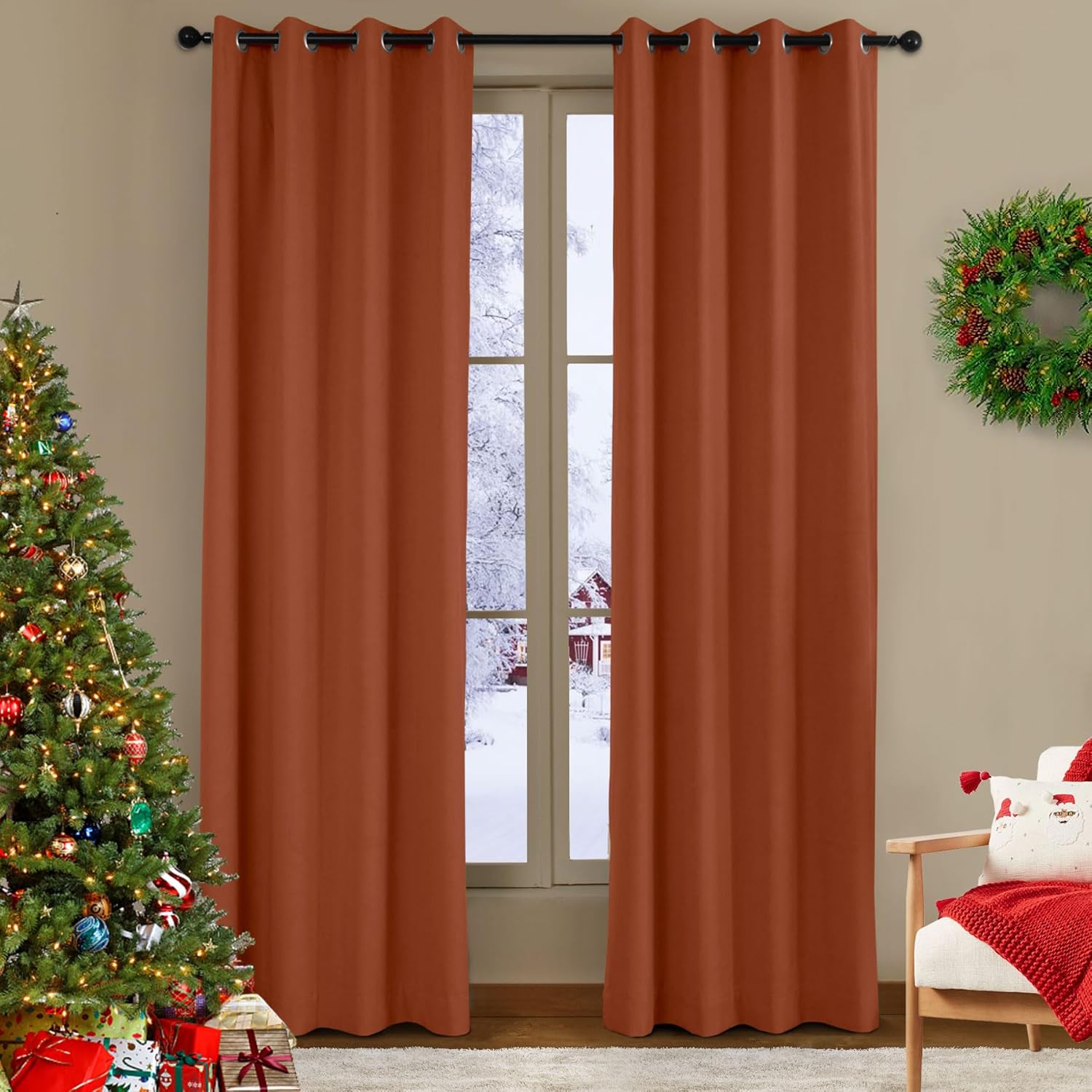 Macochico FireBrick Velvet 100% Blackout Curtain - Winter Insulated Light Blocking