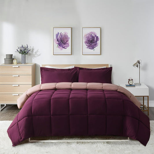 HIG 3pc Plum King Size Comforter Set - Soft, Fluffy, Reversible