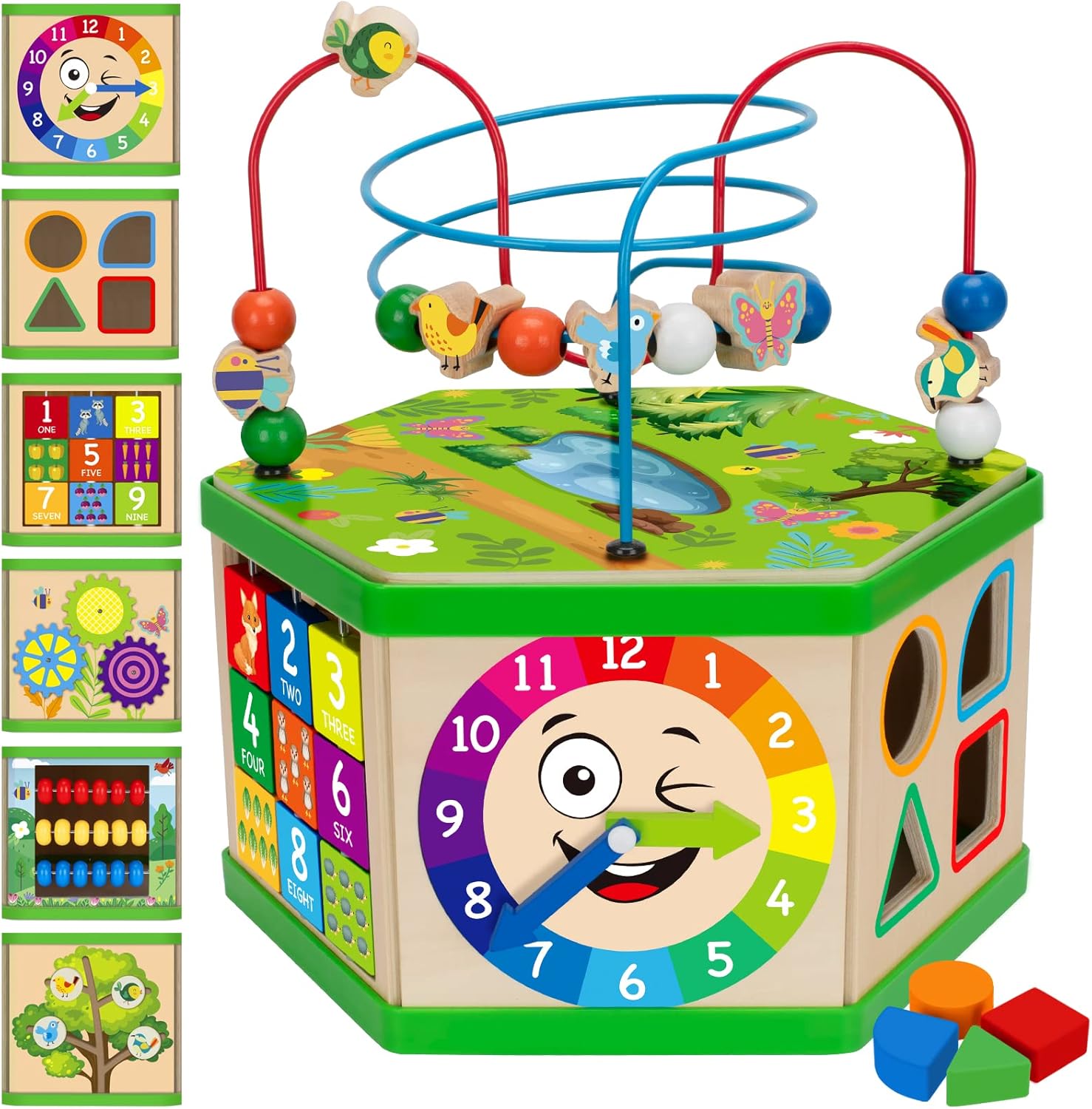Wooden Activity Cube for 1 Year Olds - 7-in-1 STEM Toy