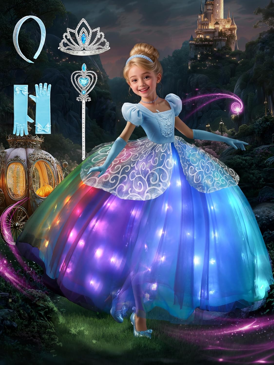 Magical Princess Dress with RGB LED Lights for Girls' Dress Up