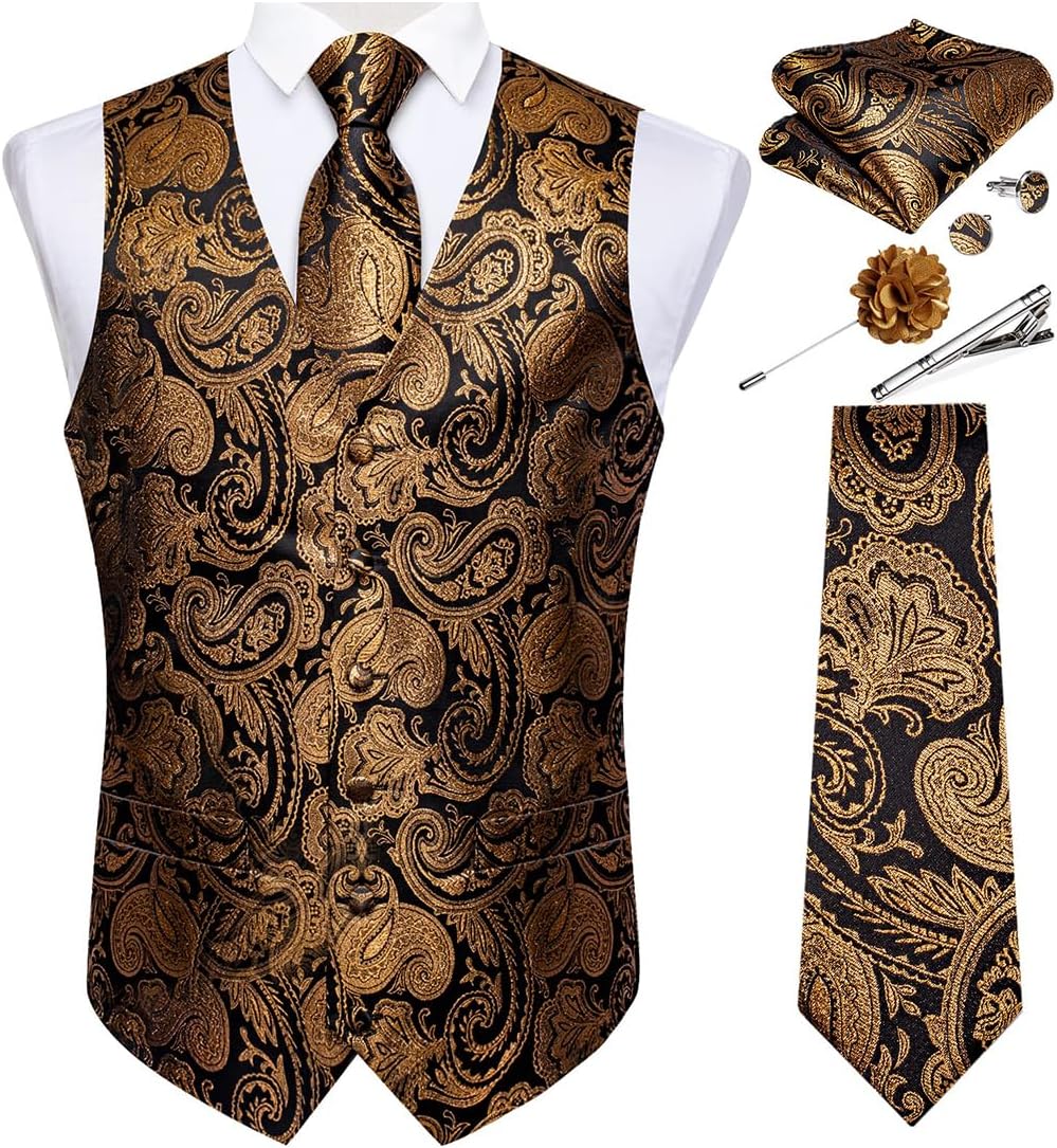 DiBanGu Mens Paisley Vest Tie Set for Tuxedo Wedding Events