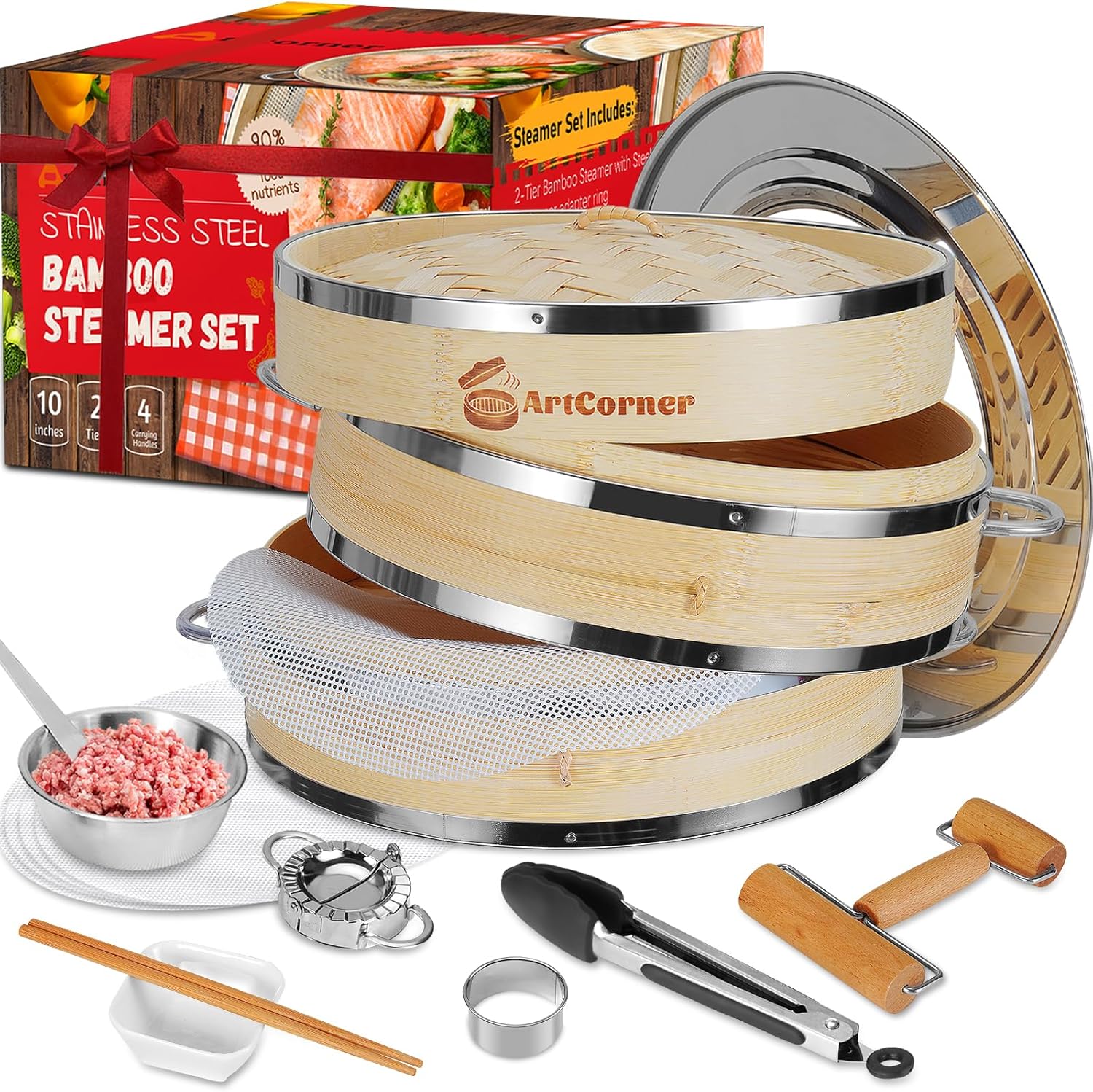10 2-Tier Bamboo Steamer - Authentic Asian Cooking