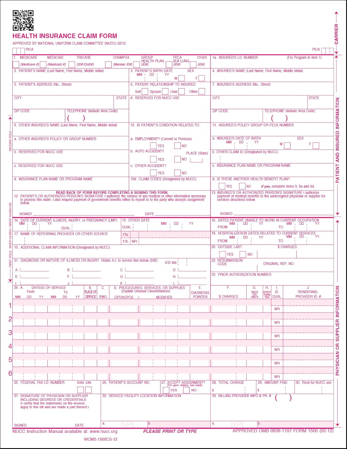 CMS 1500 Claim Forms - HCFA Version 02/12 for Easy Filing