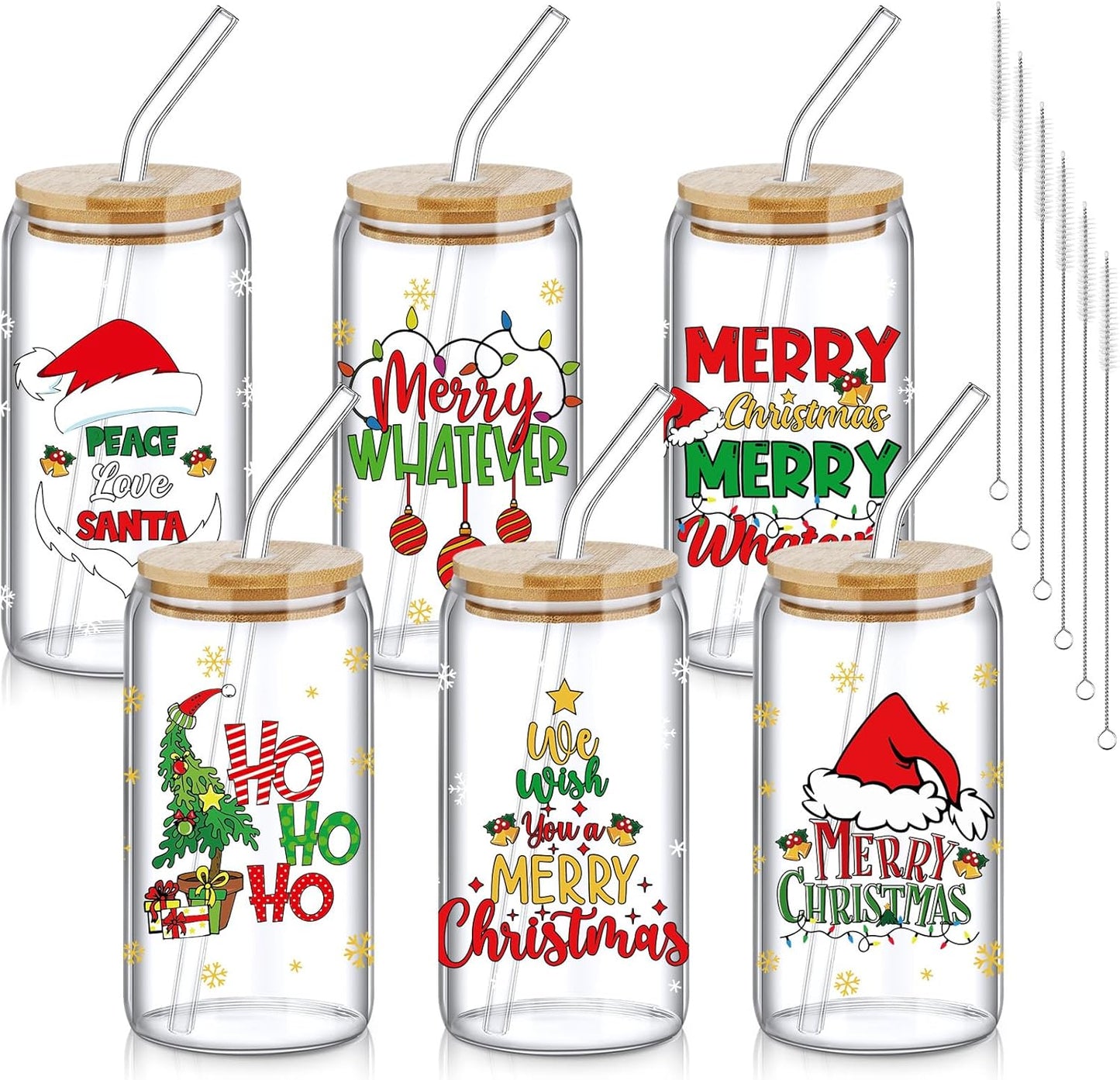 6 Pcs Christmas Glasses with Bamboo Lid and Straw for Parties
