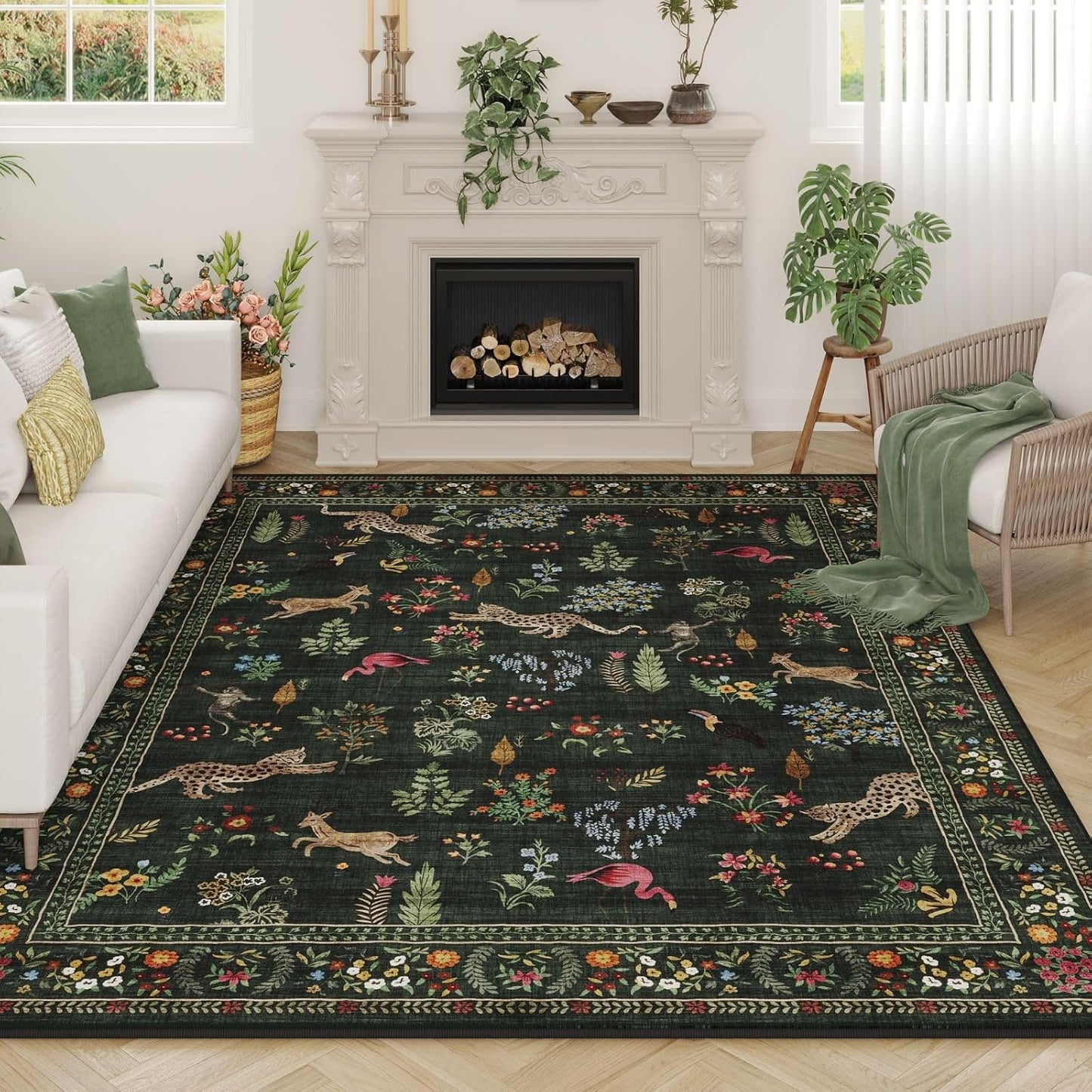 Boho Area Rug 5x7 Machine Washable Non Slip Floral Design