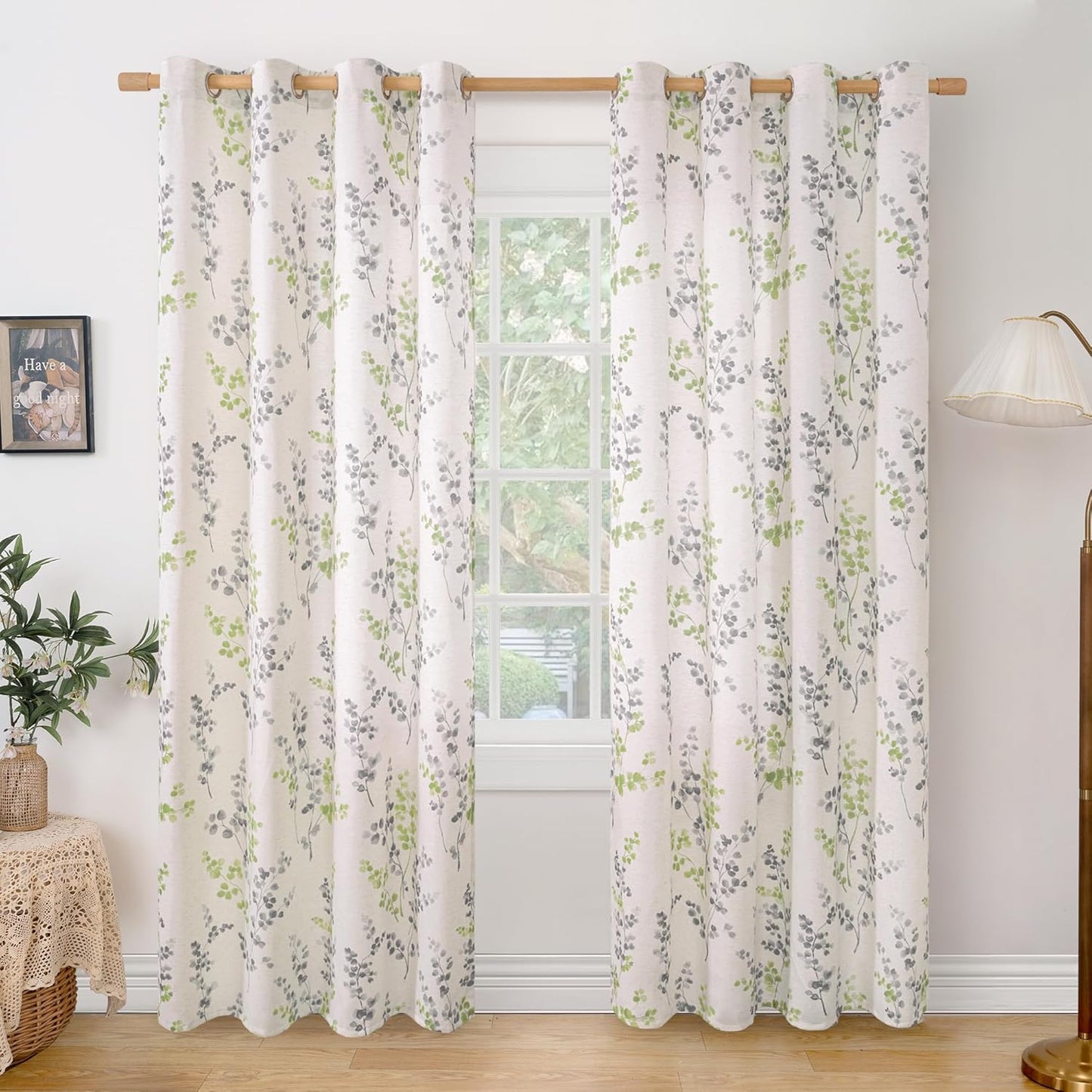 BGment Sage Green Floral Leaf Curtains - Light Filtering, Boho Farmhouse Style