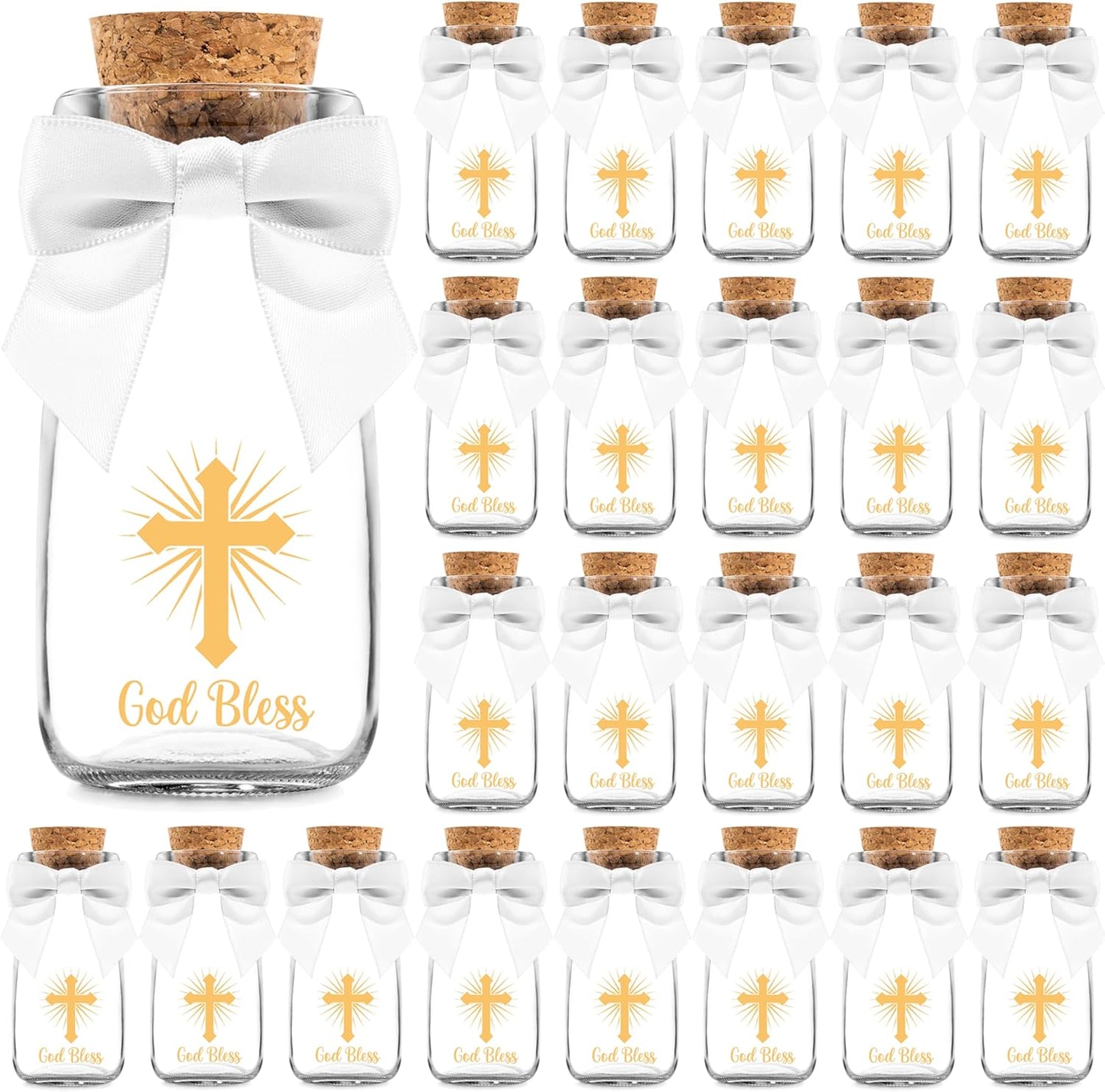 Small Baptism Glass Bottles with Ribbons and Stickers for Favors