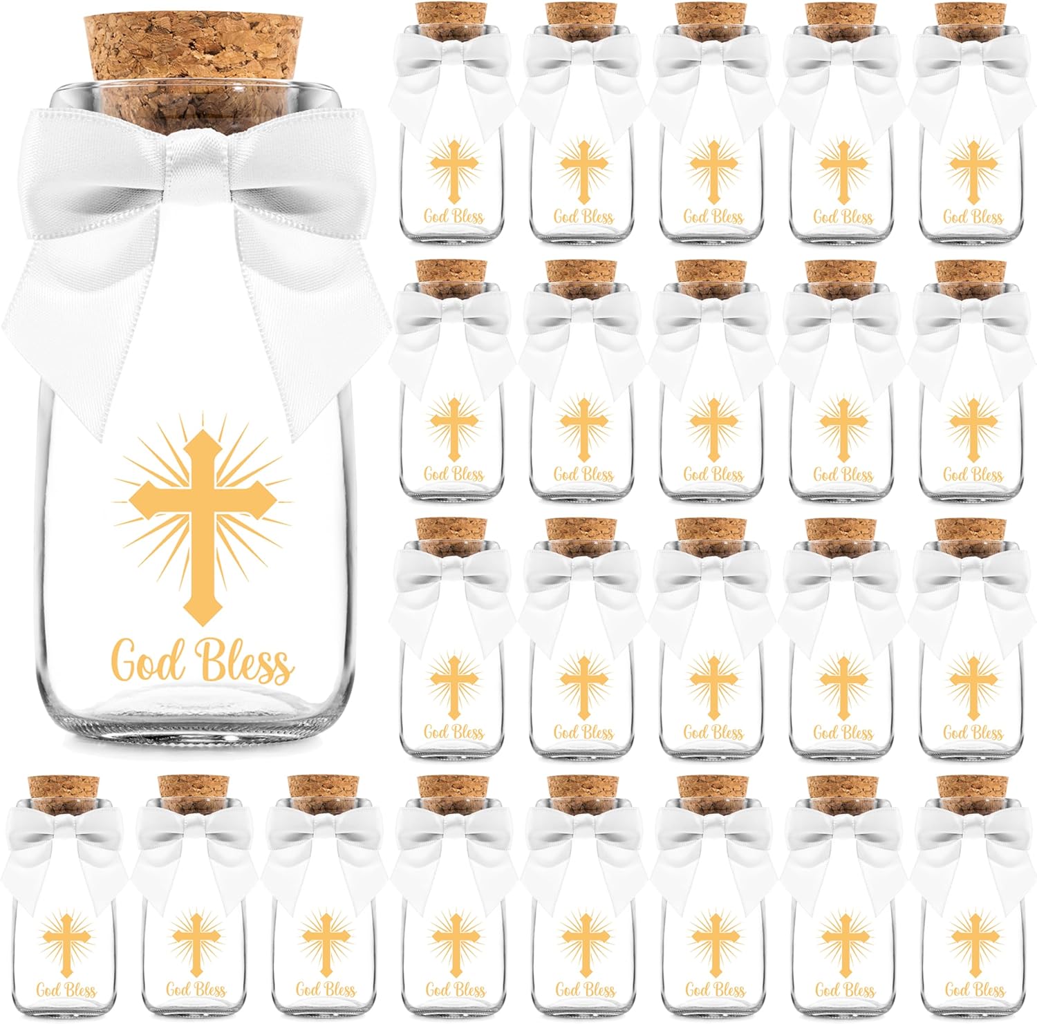 Small Baptism Glass Bottles with Ribbons and Stickers for Favors