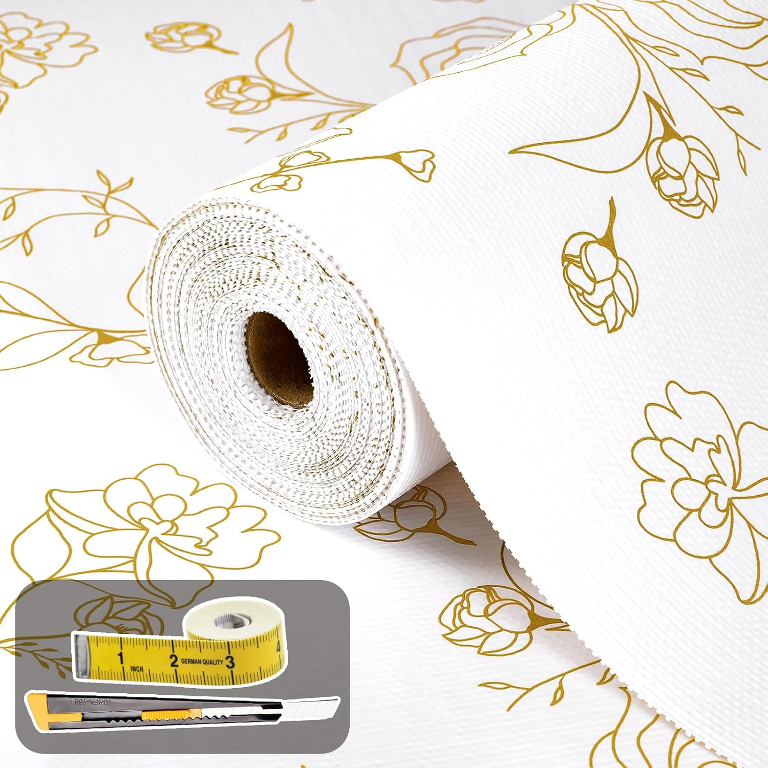 Non Adhesive Shelf Liners for Kitchen Cabinets - Gold Floral Design