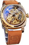Forsining Square Retro Mechanical Watch for Men - Carved Skeleton Dial