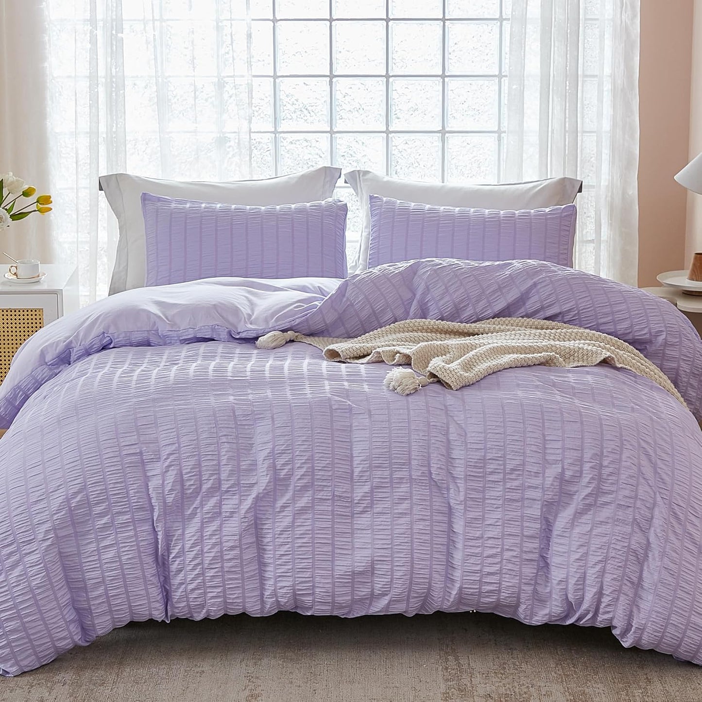 AveLom Lavender Purple Seersucker Duvet Cover Set Full Size