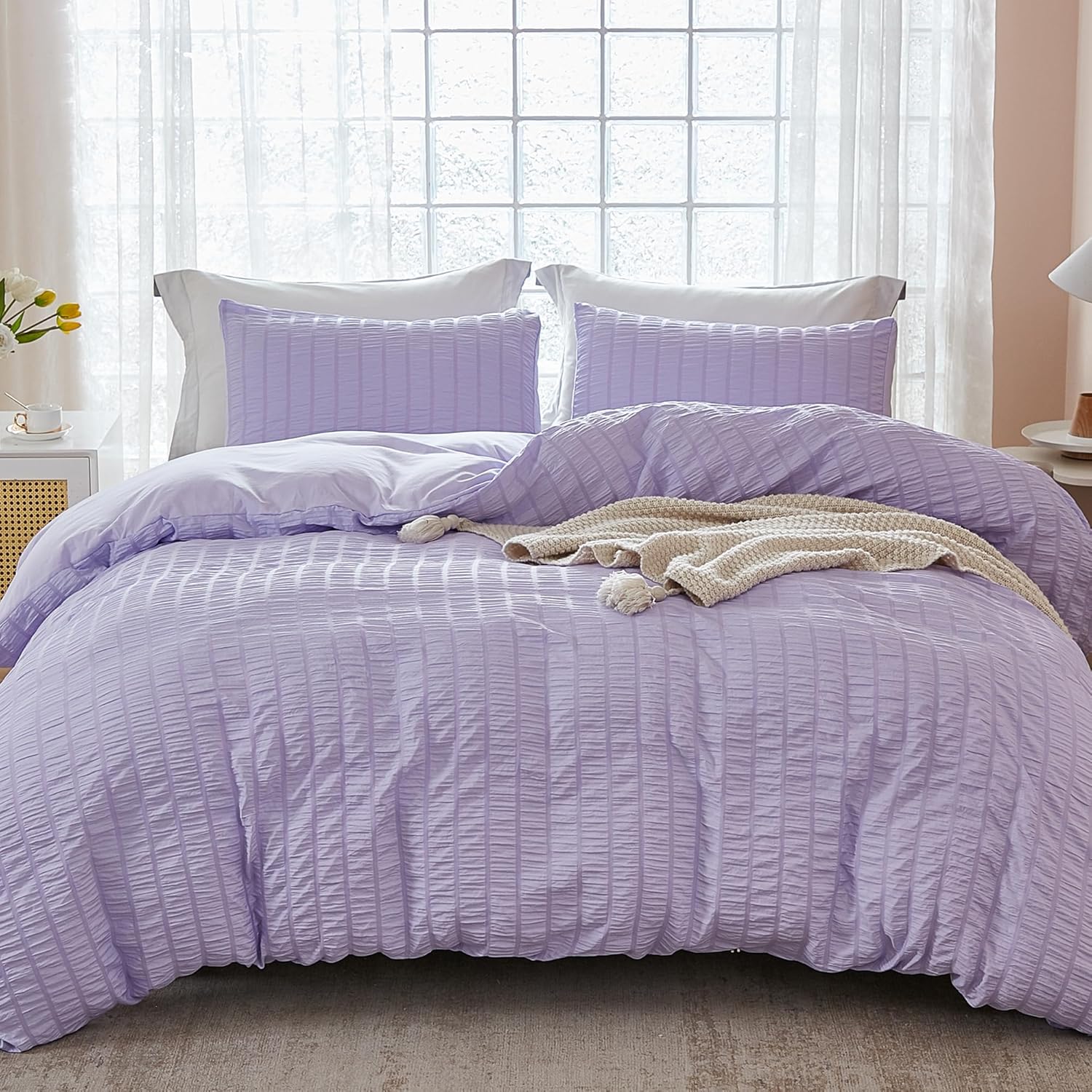 AveLom Lavender Purple Seersucker Duvet Cover Set Full Size