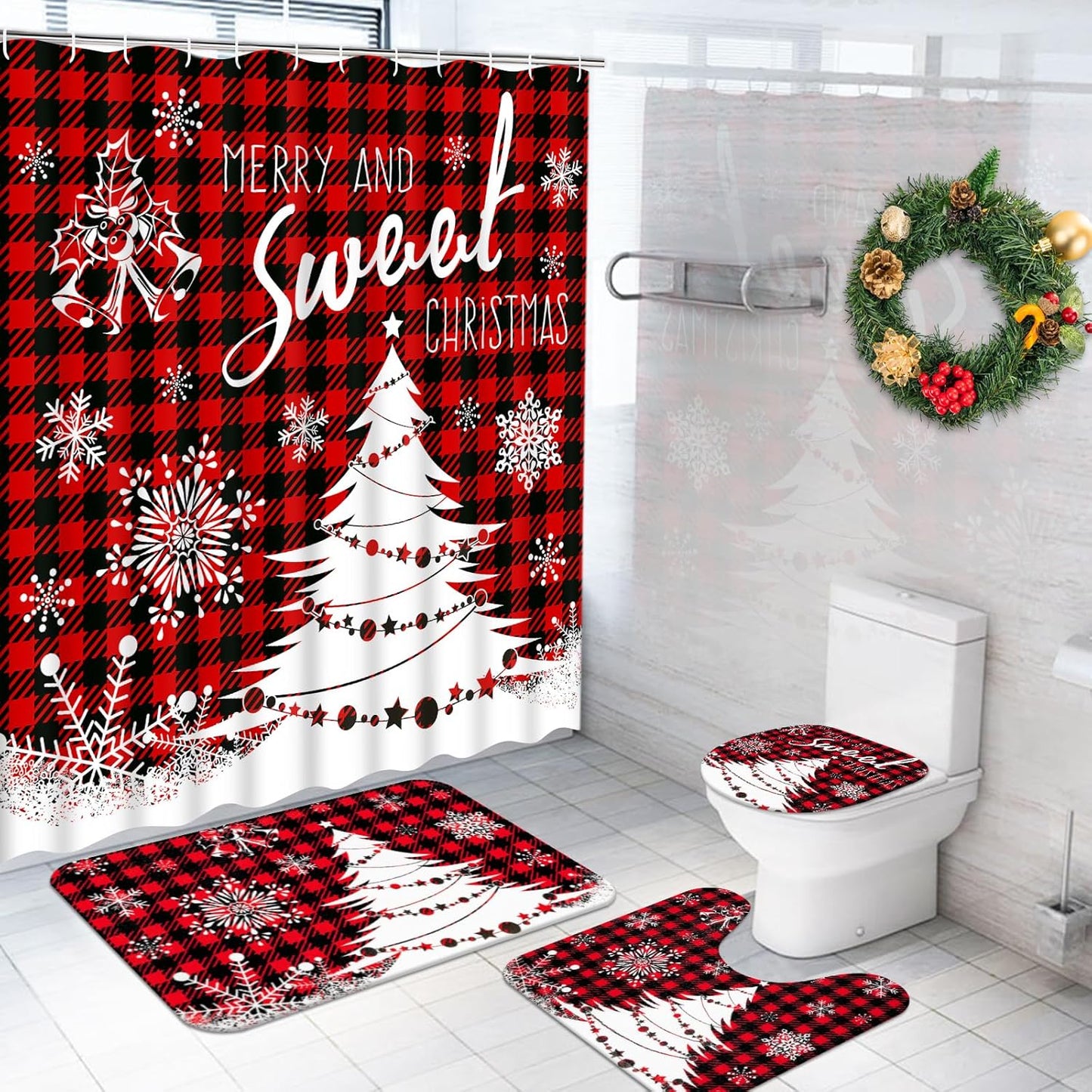 Red Buffalo Plaid Xmas Bathroom Set - Complete Holiday Decor