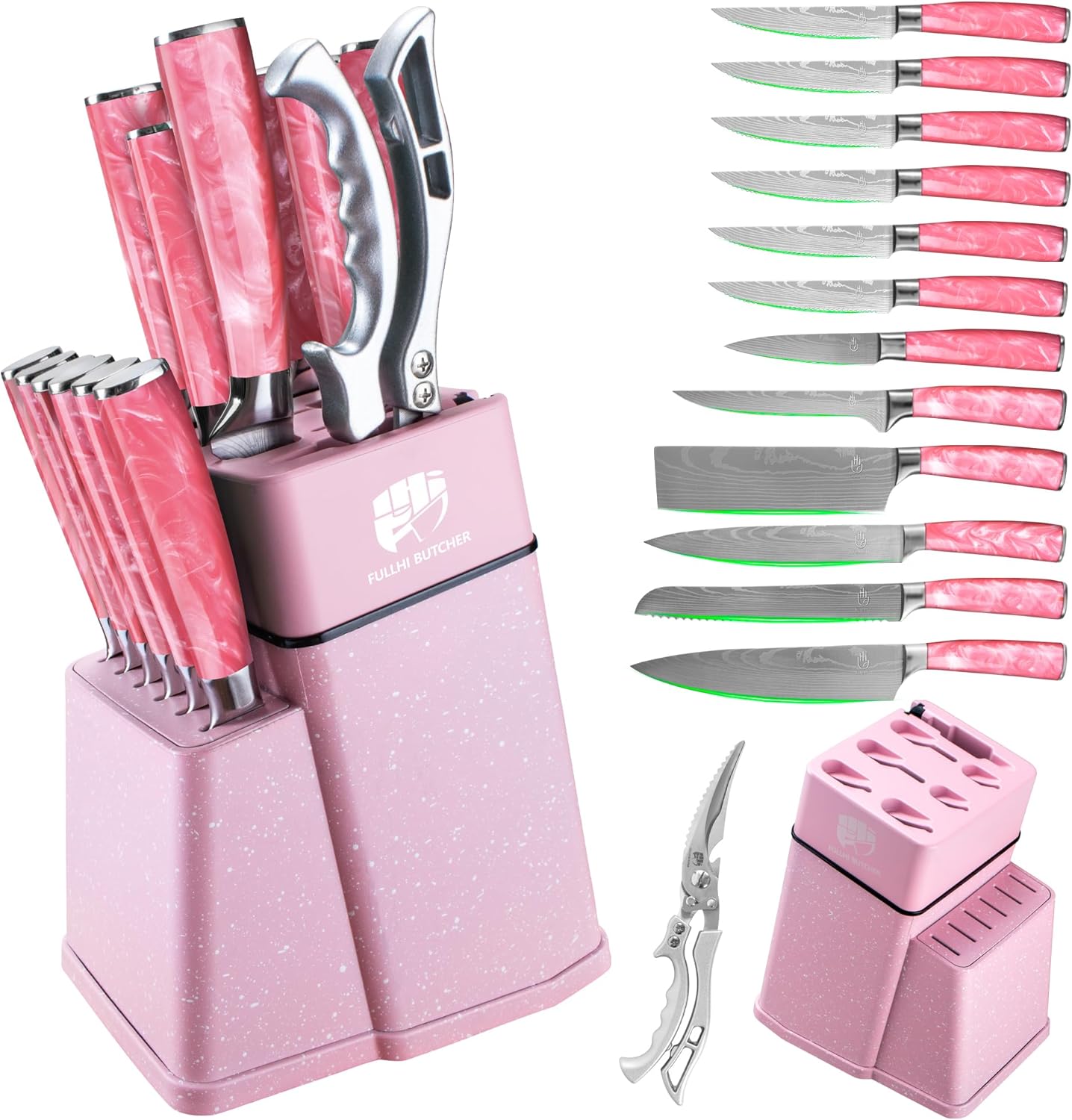 FULLHI 14pcs Block Knife Set with Sharpener and Multi-colour Handles