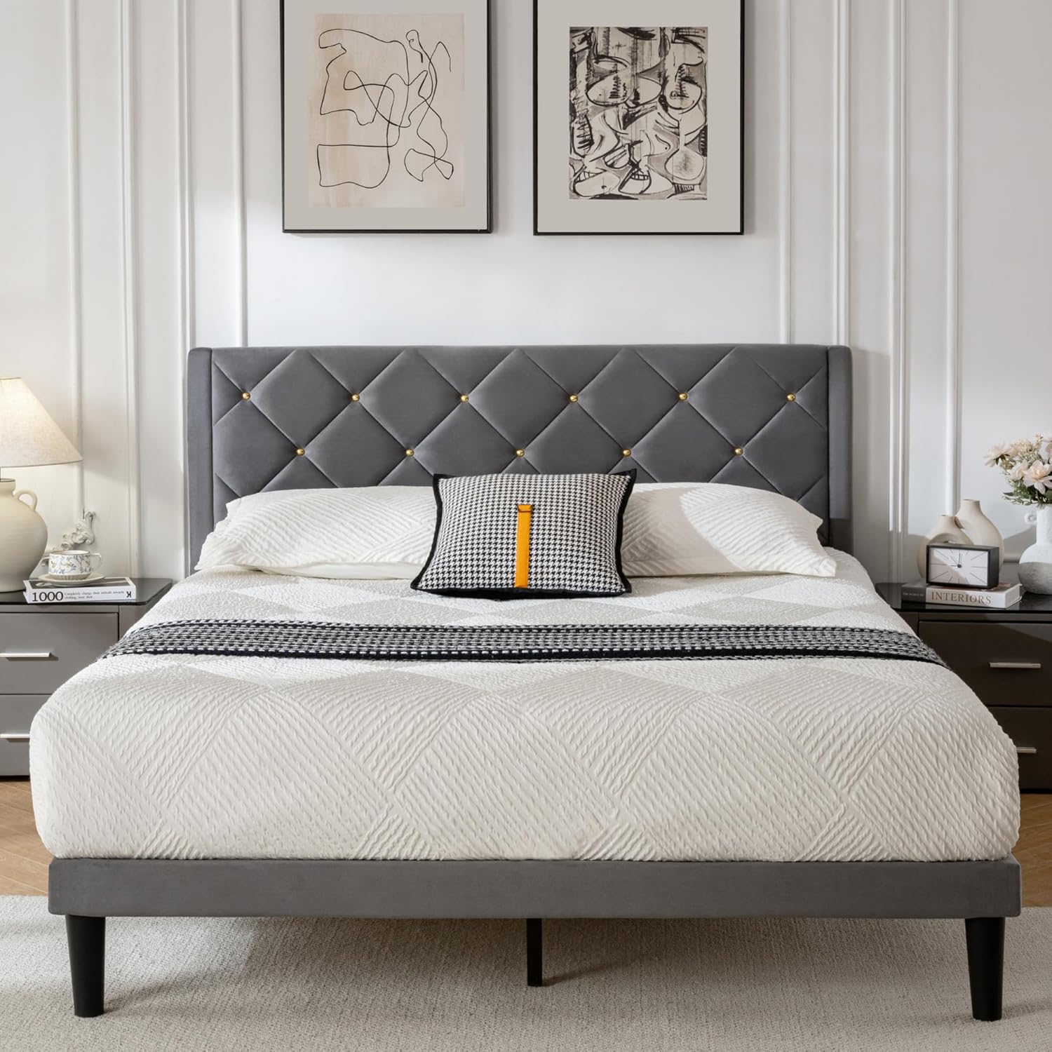 Full Size Platform Bed Frame with Velvet Headboard Design