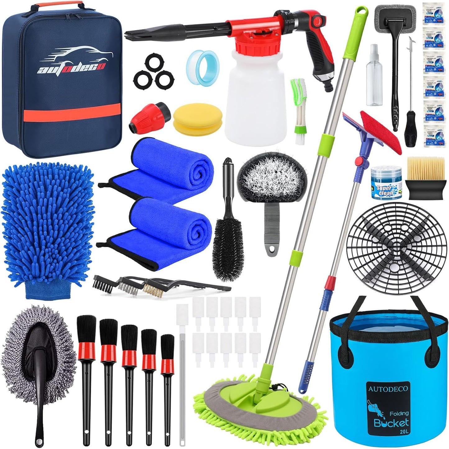 AUTODECO Ultimate 44pc Car Wash Kit - Foam Gun, Wash Mop, Collapsible Bucket