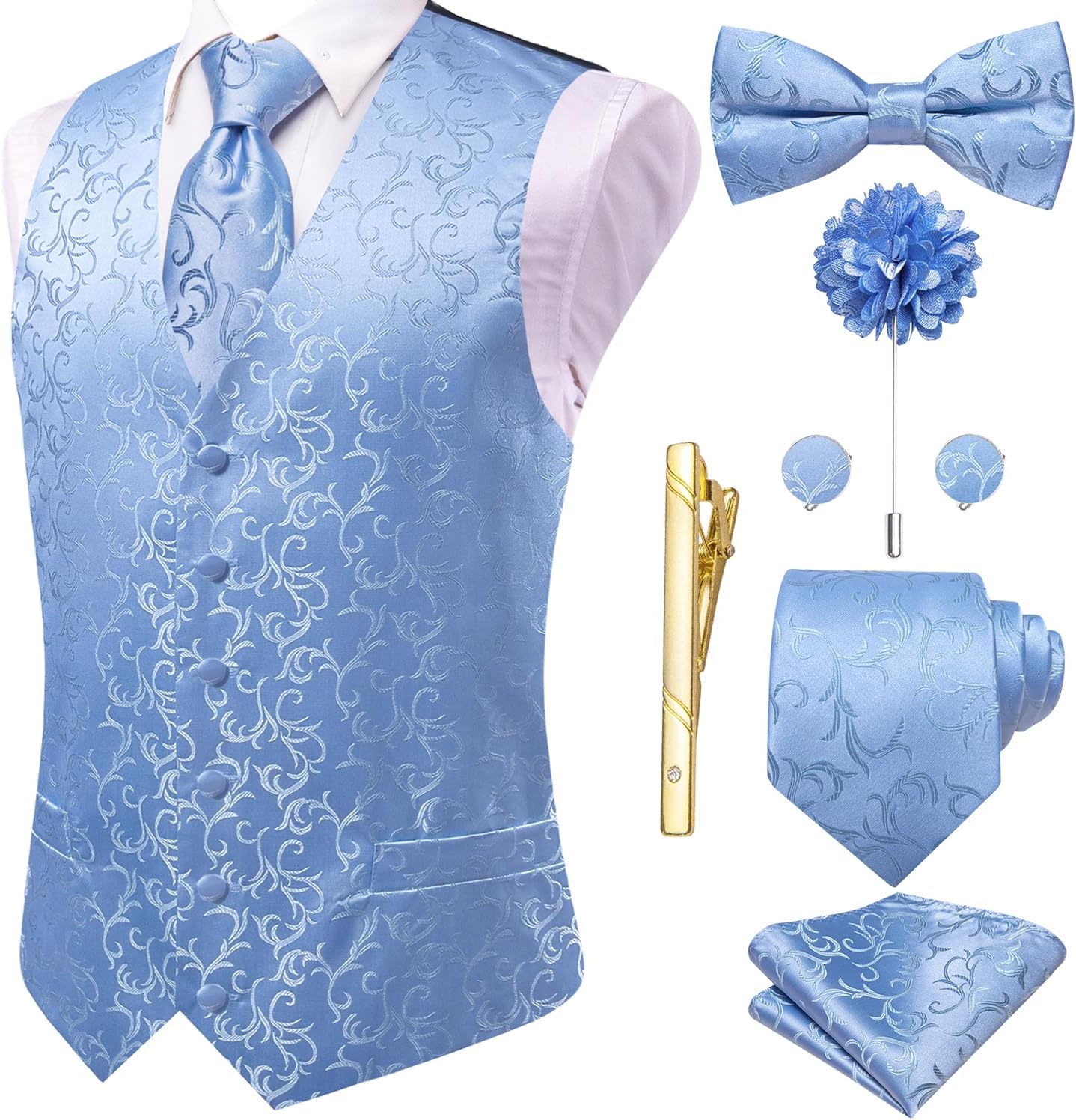 Hi-Tie Silk Mens Suit Vest Set with Tie and Bowtie for Weddings
