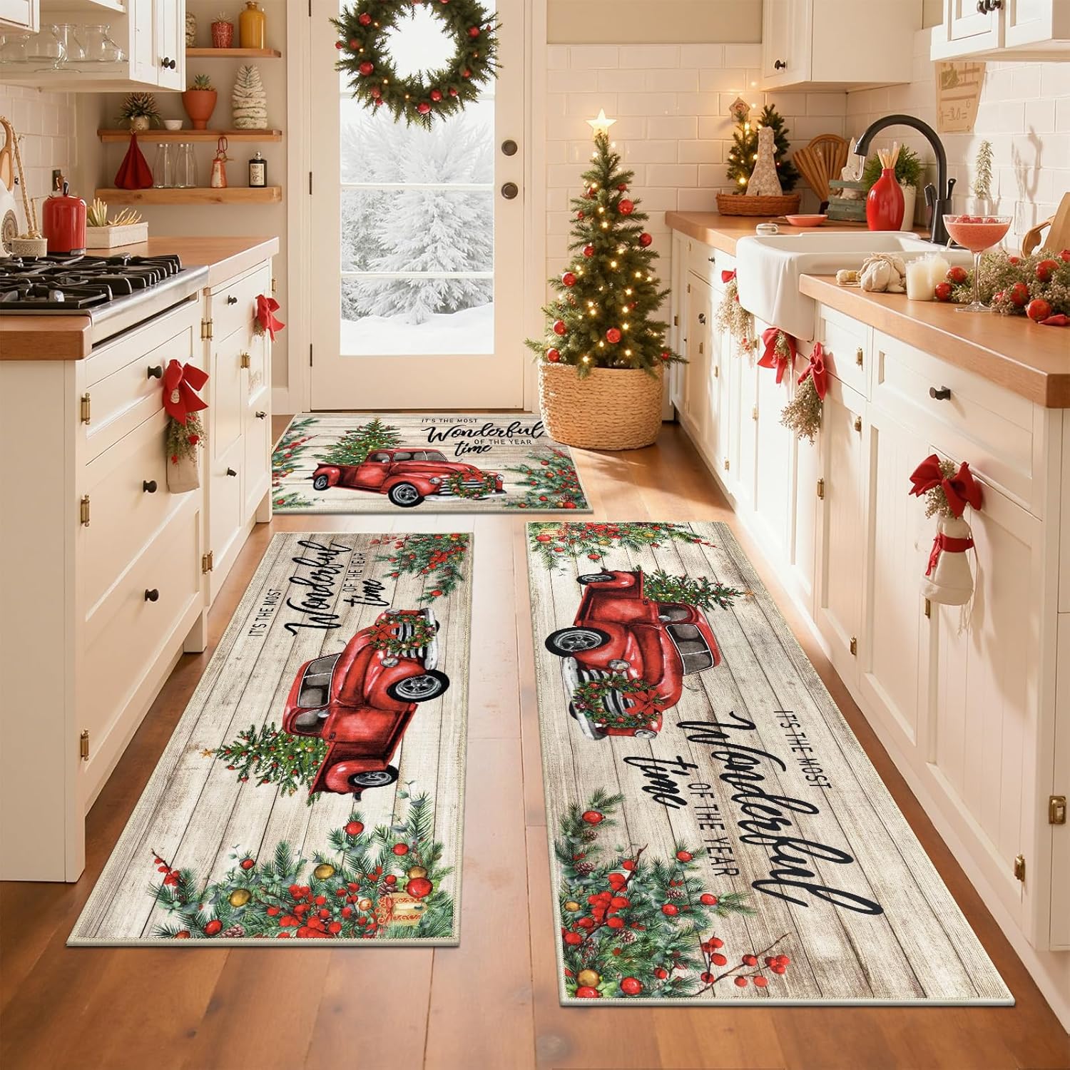 Pauwer Christmas Kitchen Rugs Set of 3 for Holiday Decor