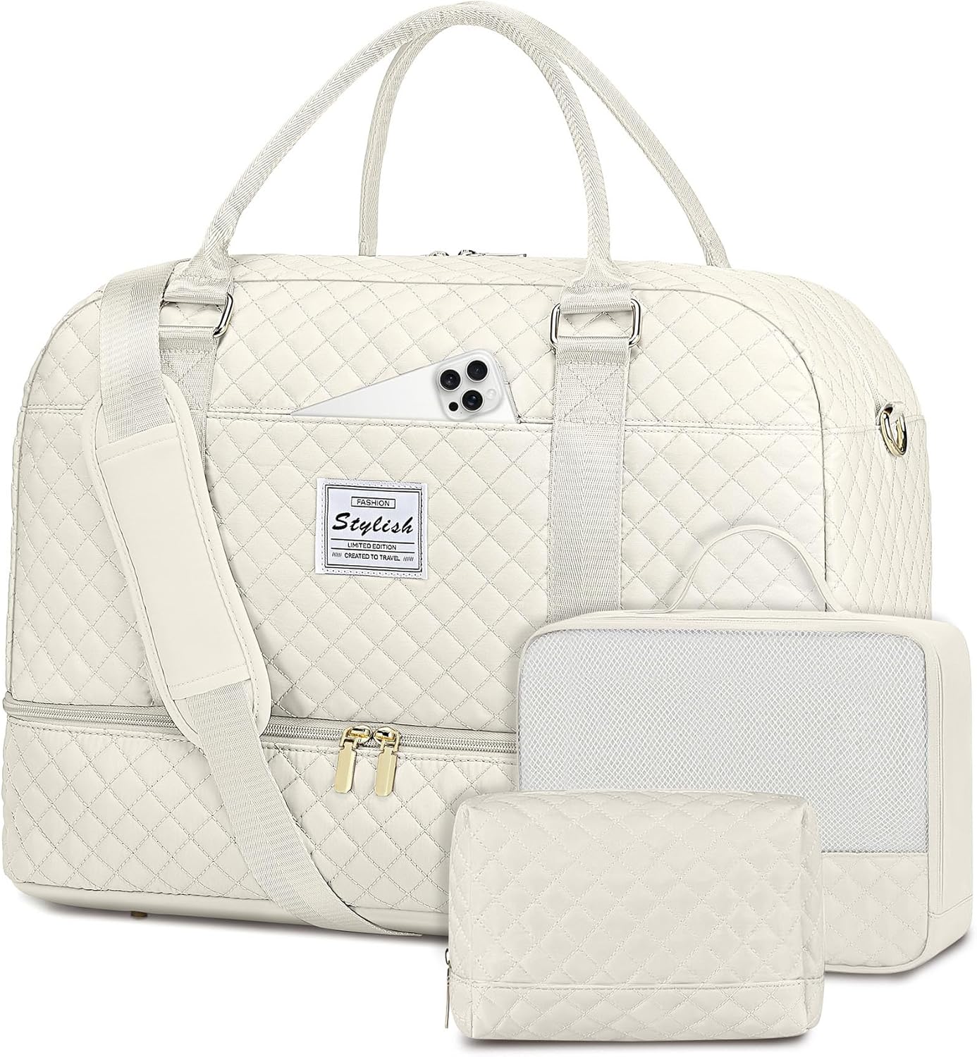 Travel Weekender Bags for Women with Shoe Compartment Beige