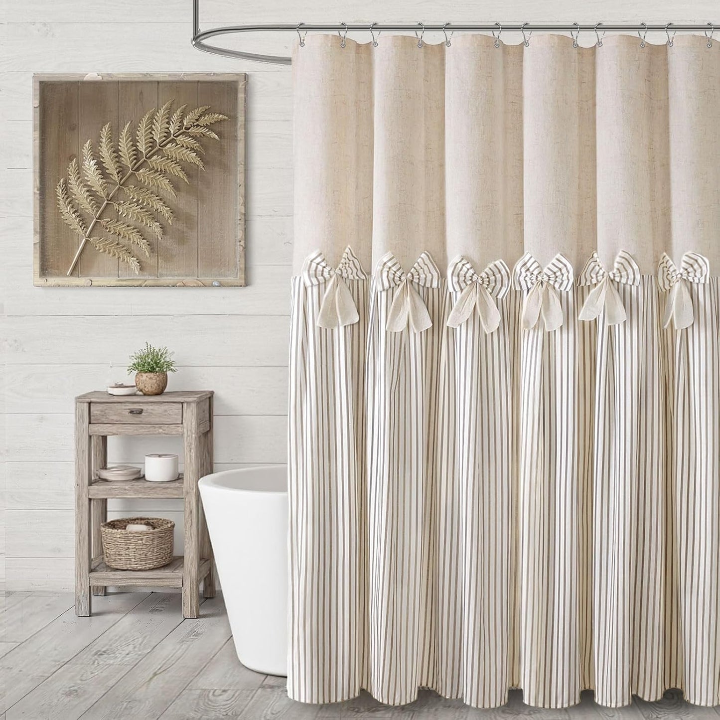Farmhouse Shower Curtain Linen Beige Bow Woven Fabric Rustic