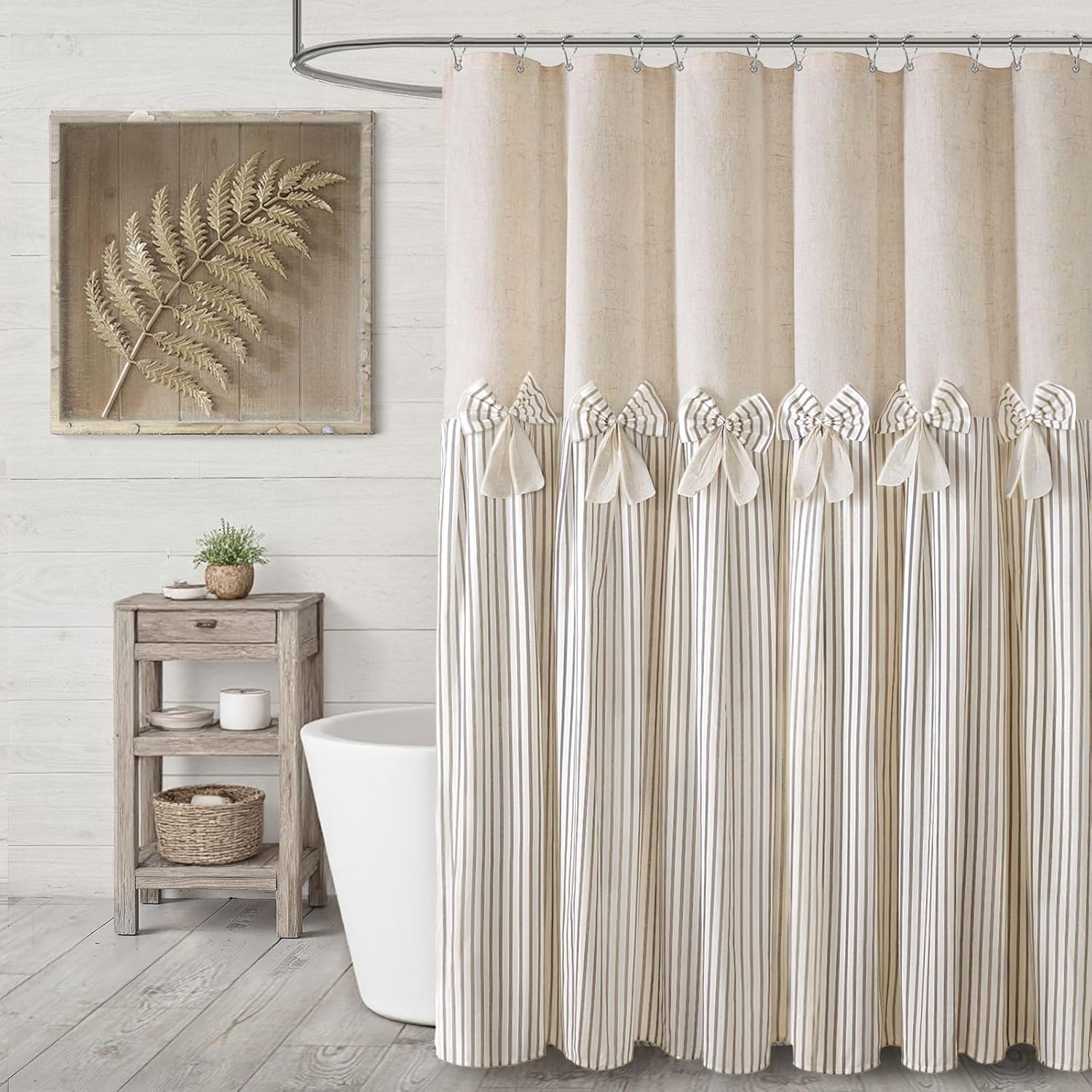 Farmhouse Shower Curtain Linen Beige Bow Woven Fabric Rustic