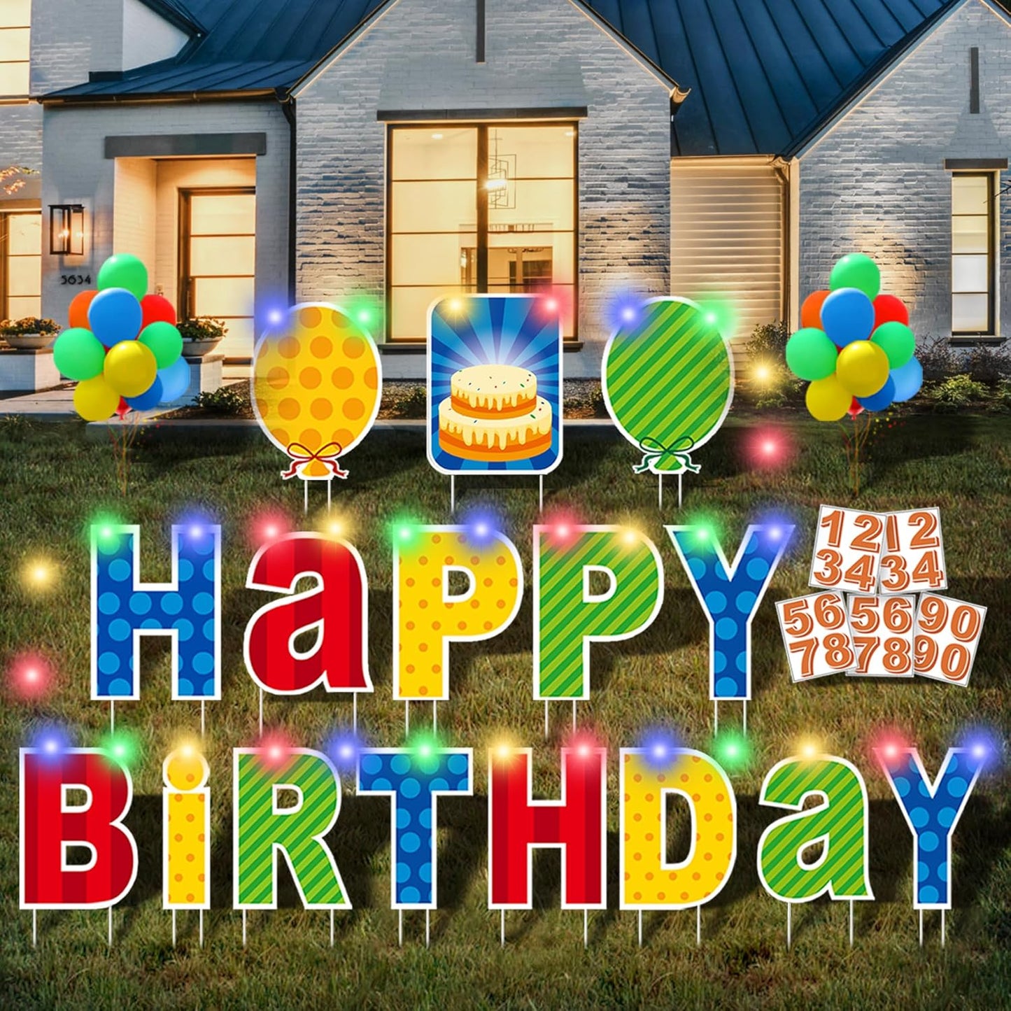 16 Pcs Happy Birthday Yard Sign Set with LED Lights and Balloons
