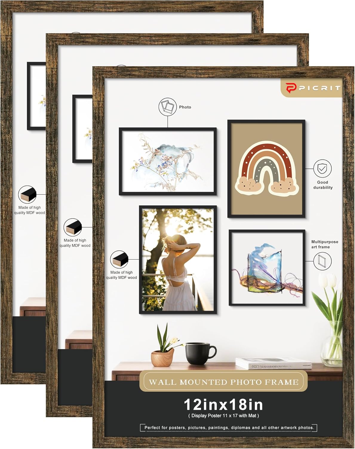 Flexible 12x18 Picture Frame 3 Pack for Horizontal or Vertical Use