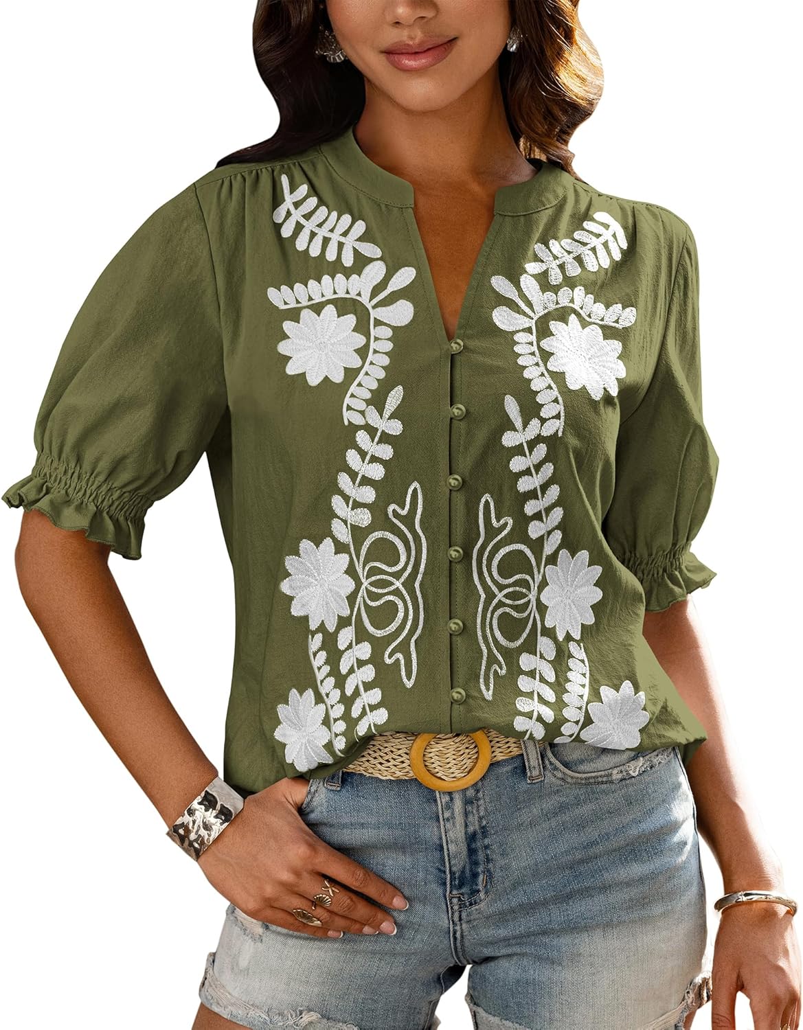 BTFBM Women's Summer Floral Boho V Neck Puff Sleeve Tops