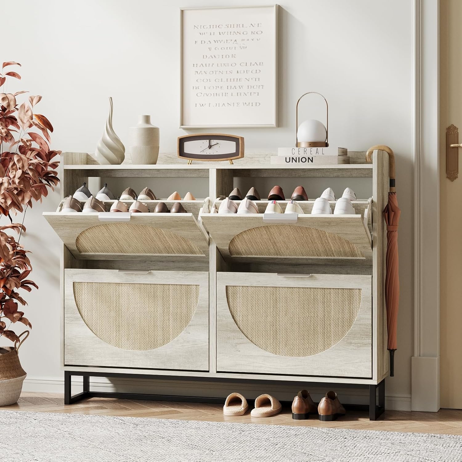 Maupvit Large Rattan Shoe Storage Cabinet with 4 Flip Drawers