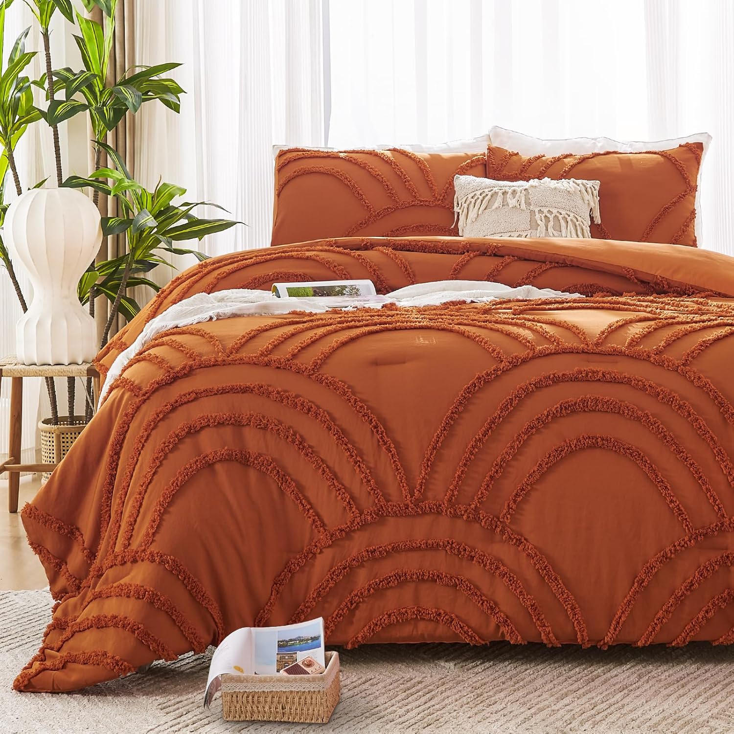 Boho Queen Size Comforter Set in Burnt Orange for All Seasons