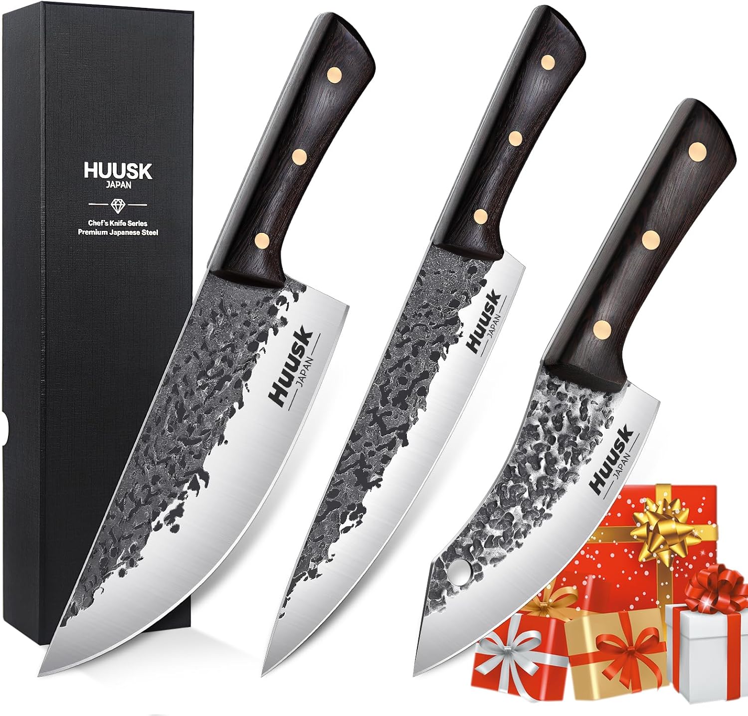 Huusk Hand Forged Chef Knife Set for Home and Outdoor Cooking