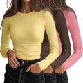 Women Ribbed Long Sleeve Tops 3-Pack - Slim Fit Layering Tee