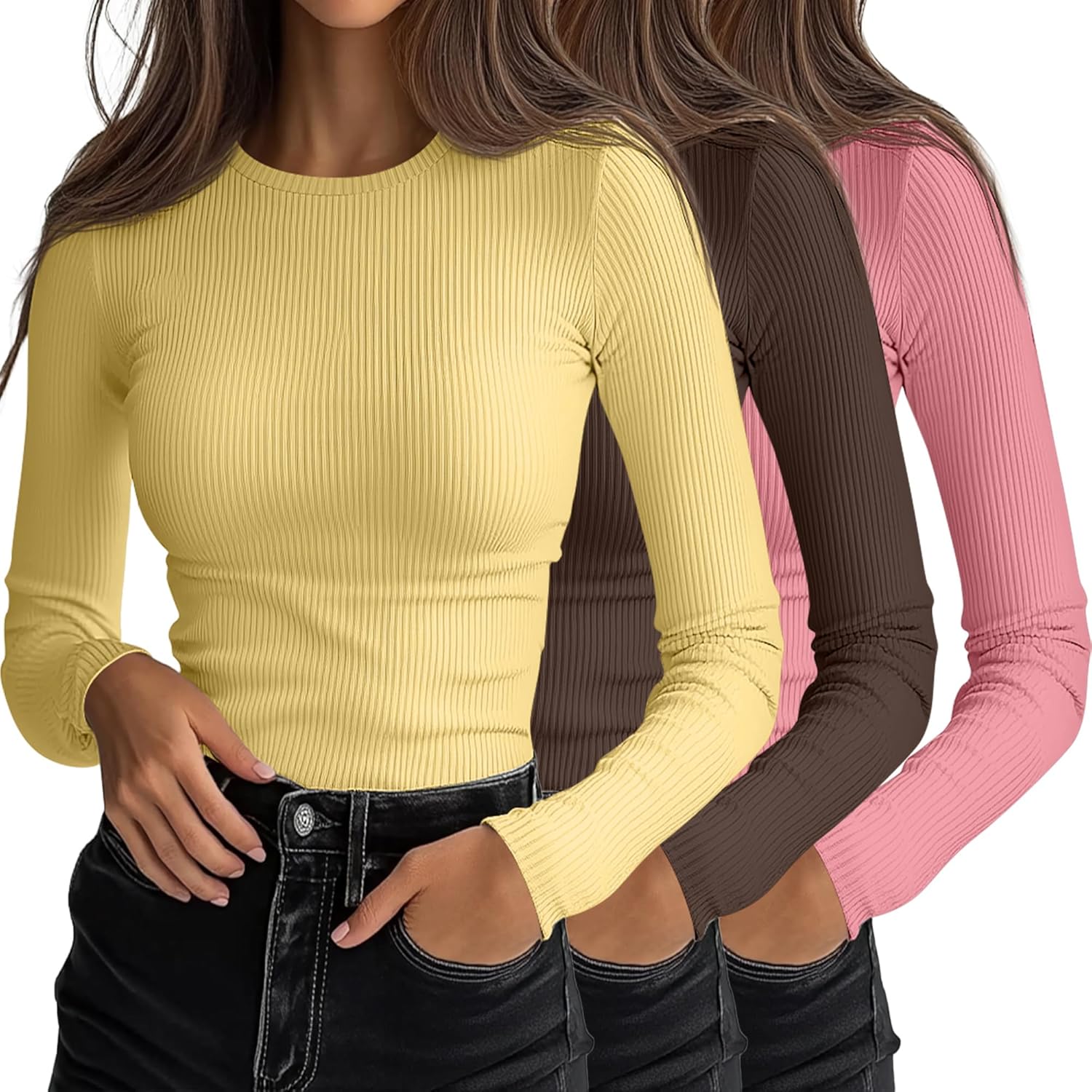 Ficerd Women's Ribbed Long Sleeve Tops for Casual Layering