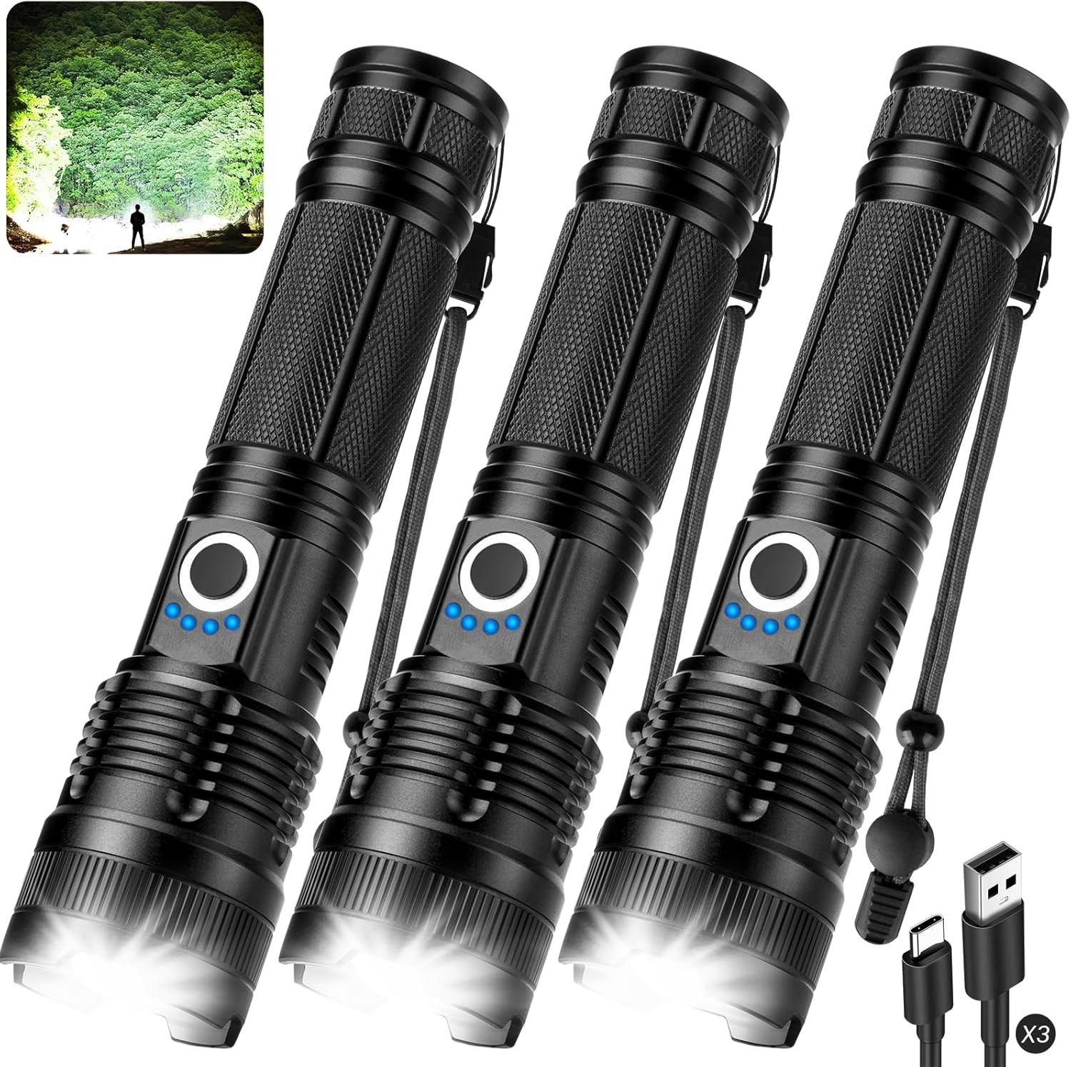99,000 Lumen Rechargeable Flashlight - Super Bright LED 3 Pack