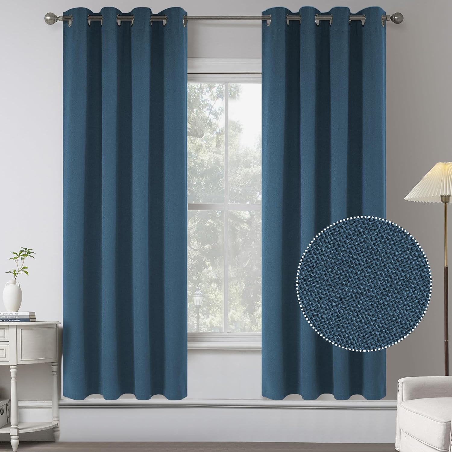Dark Denim Blue Burlap Texture Linen Blackout Curtains 63 in