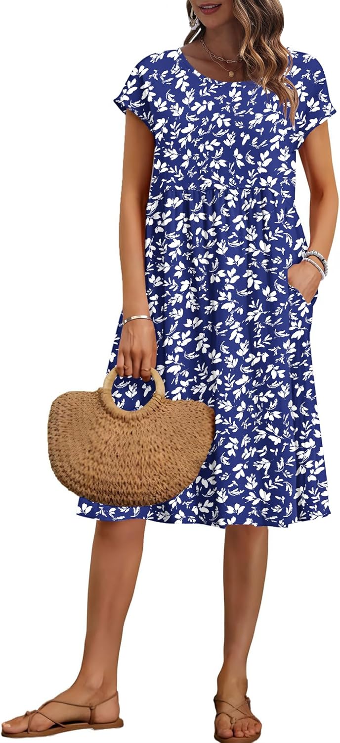 AUSELILY Women's Summer Short Sleeve Knee-Length Dress with Pockets