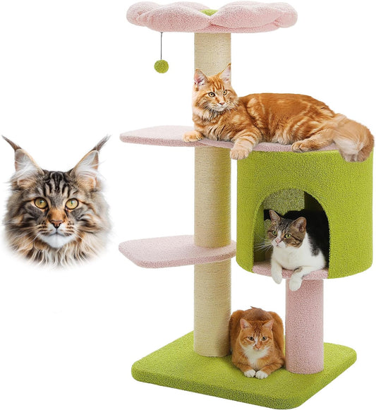50in Pink Flower Cat Tree for Large Heavy Cats with Condo