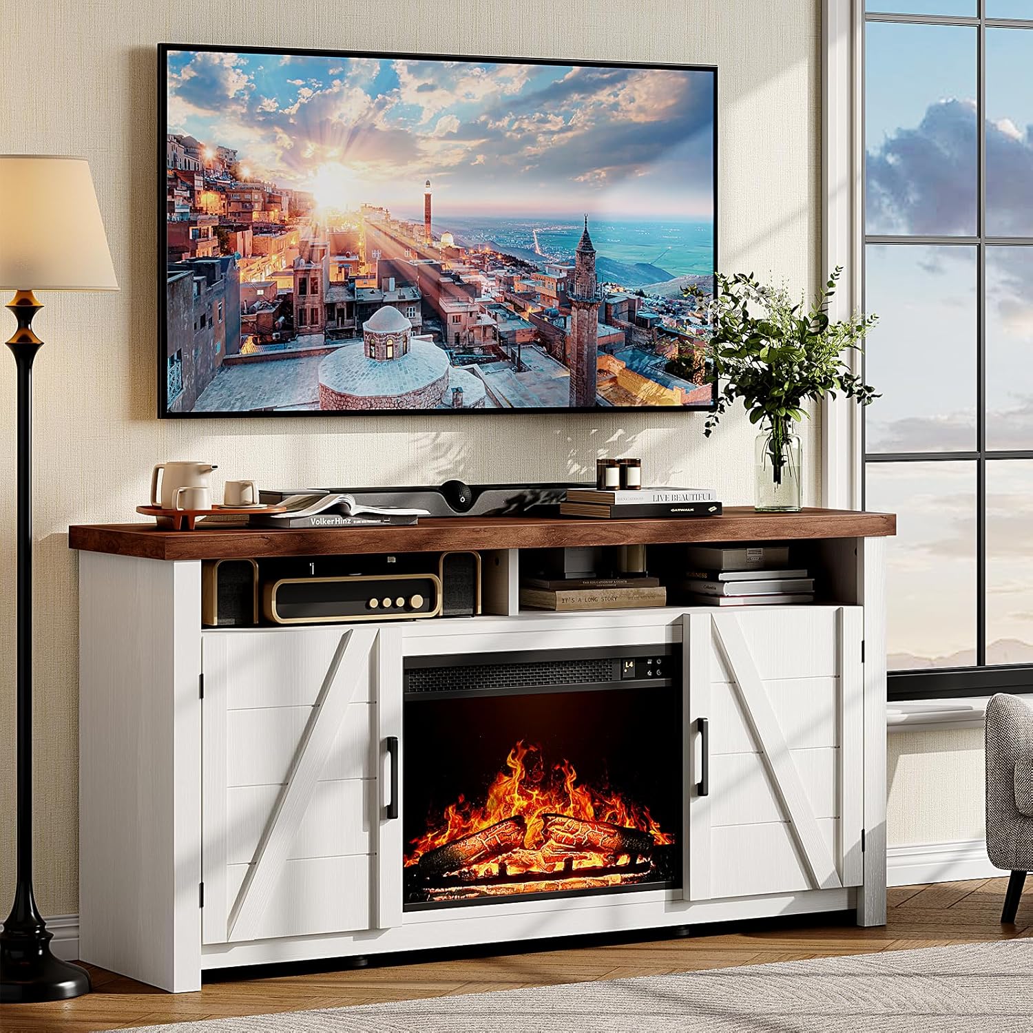 Farmhouse Electric Fireplace TV Stand - Rustic White Charm