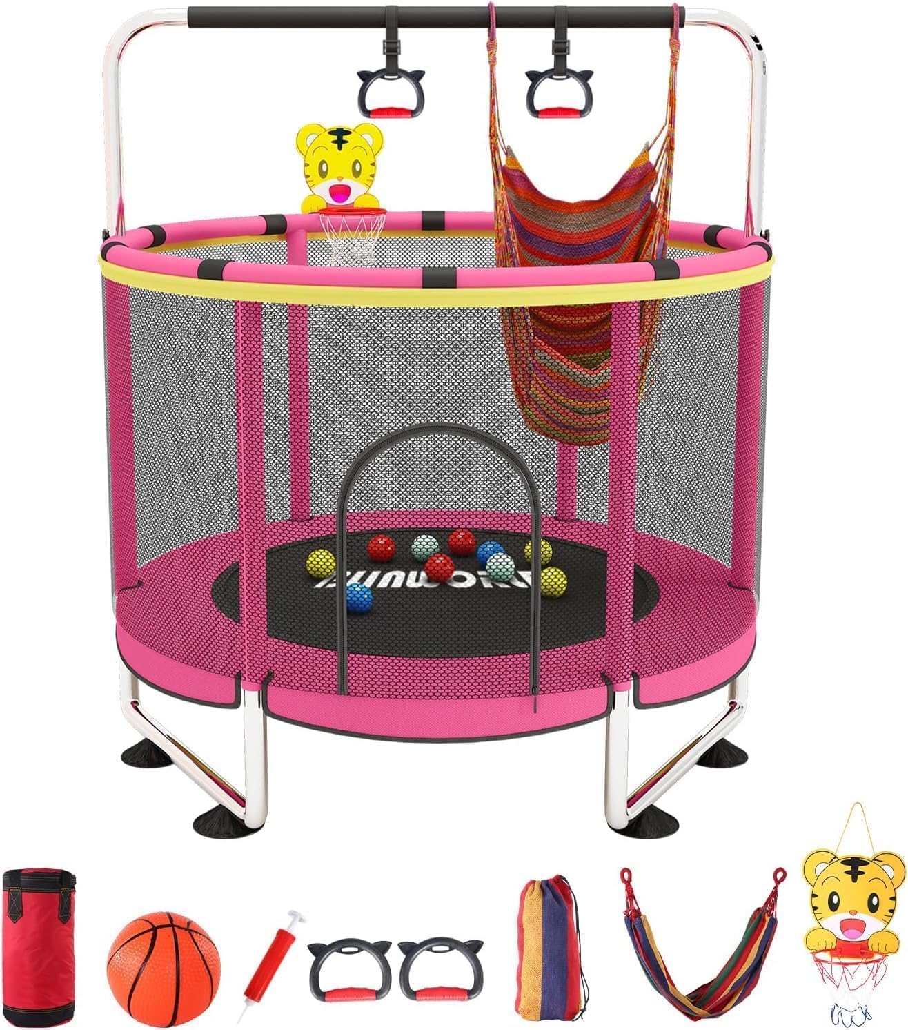 Trampoline for Kids with Adjustable Height and Basketball Hoop