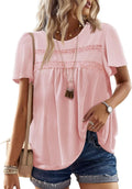 Womens Summer Tops Crochet Ribbed Short Sleeve Blouses - Flowy Fit