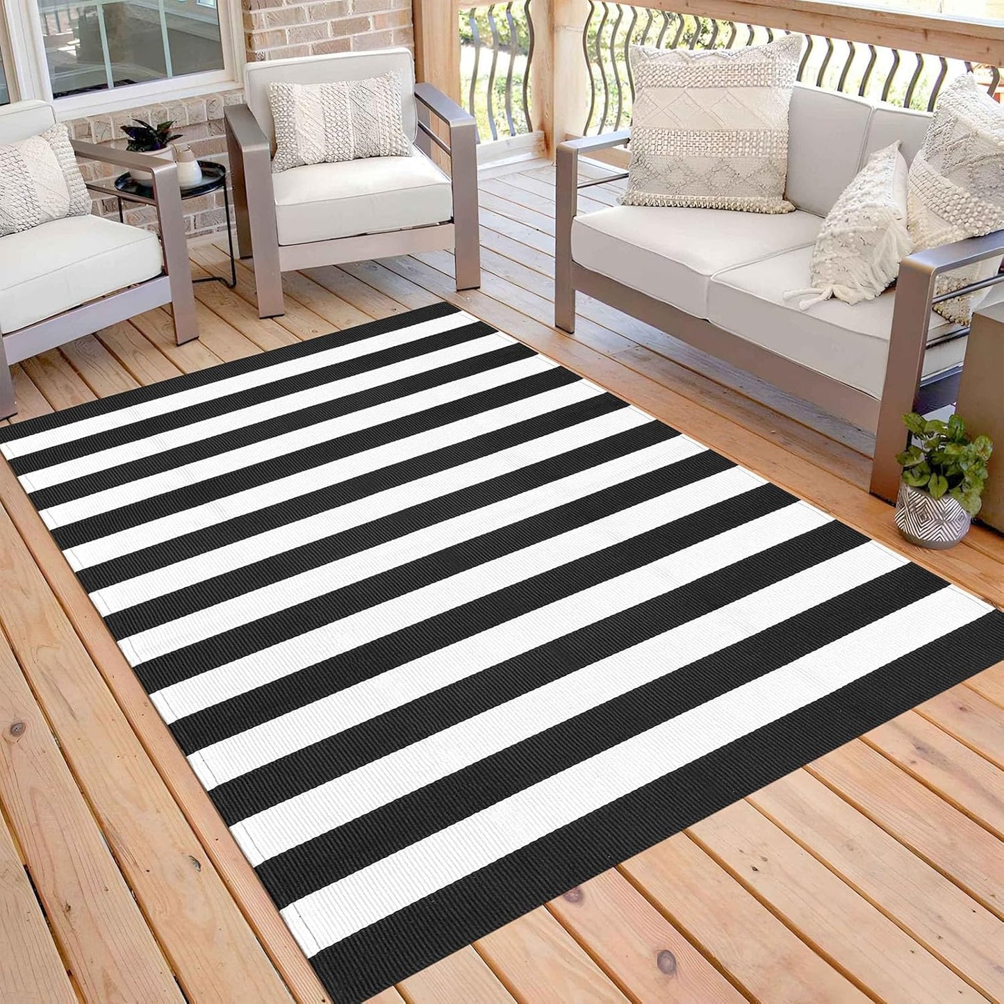 KOZYFLY Black and White Striped Outdoor Rug for Versatile Spaces