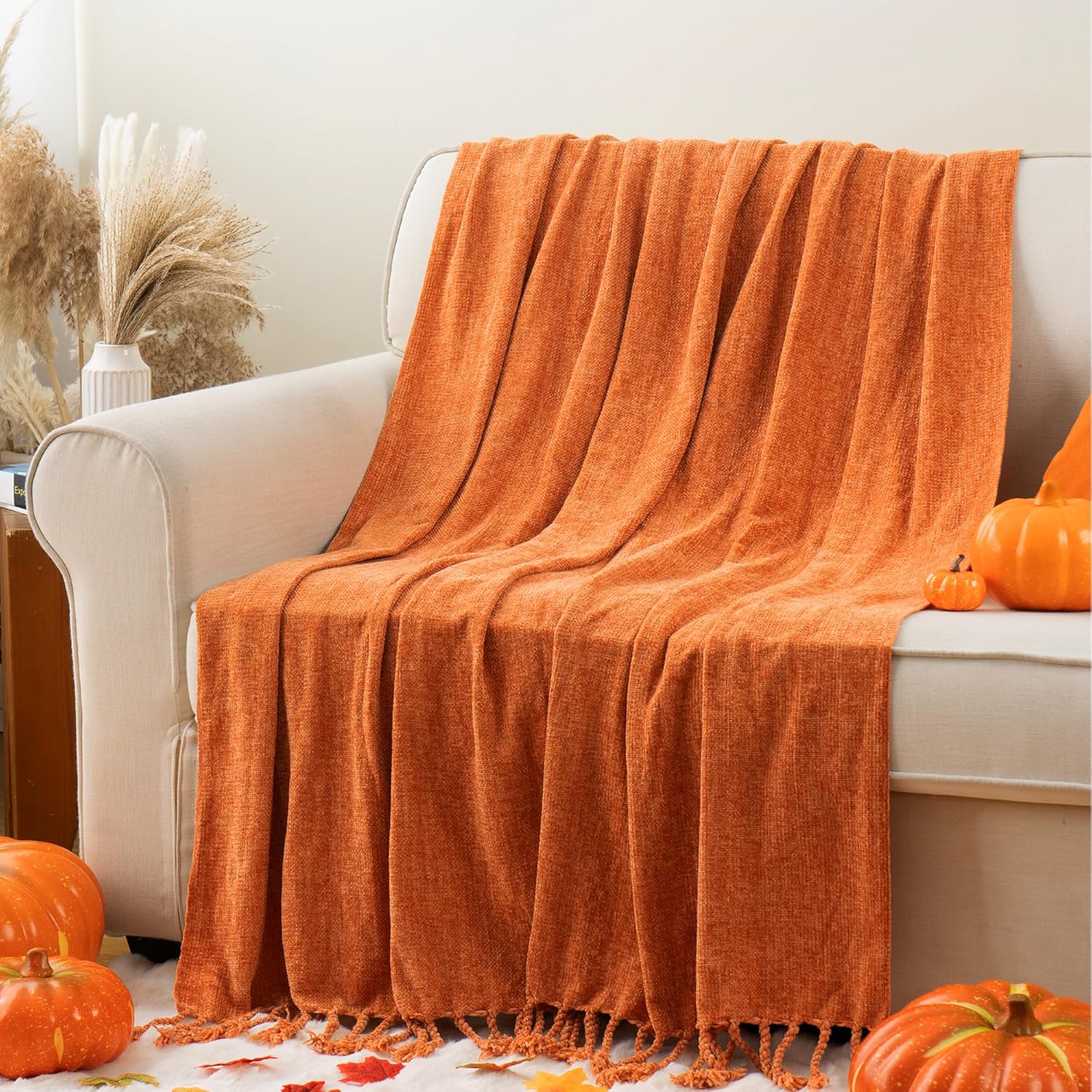 BATTILO HOME Burnt Orange Throw Blanket for Cozy Fall Decor