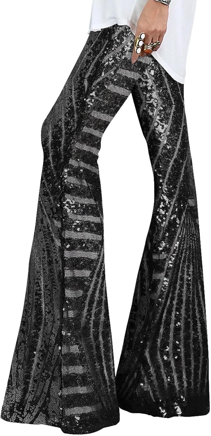 EVALESS Women Sequin Pants Sparkly Glitter High Waisted Trousers