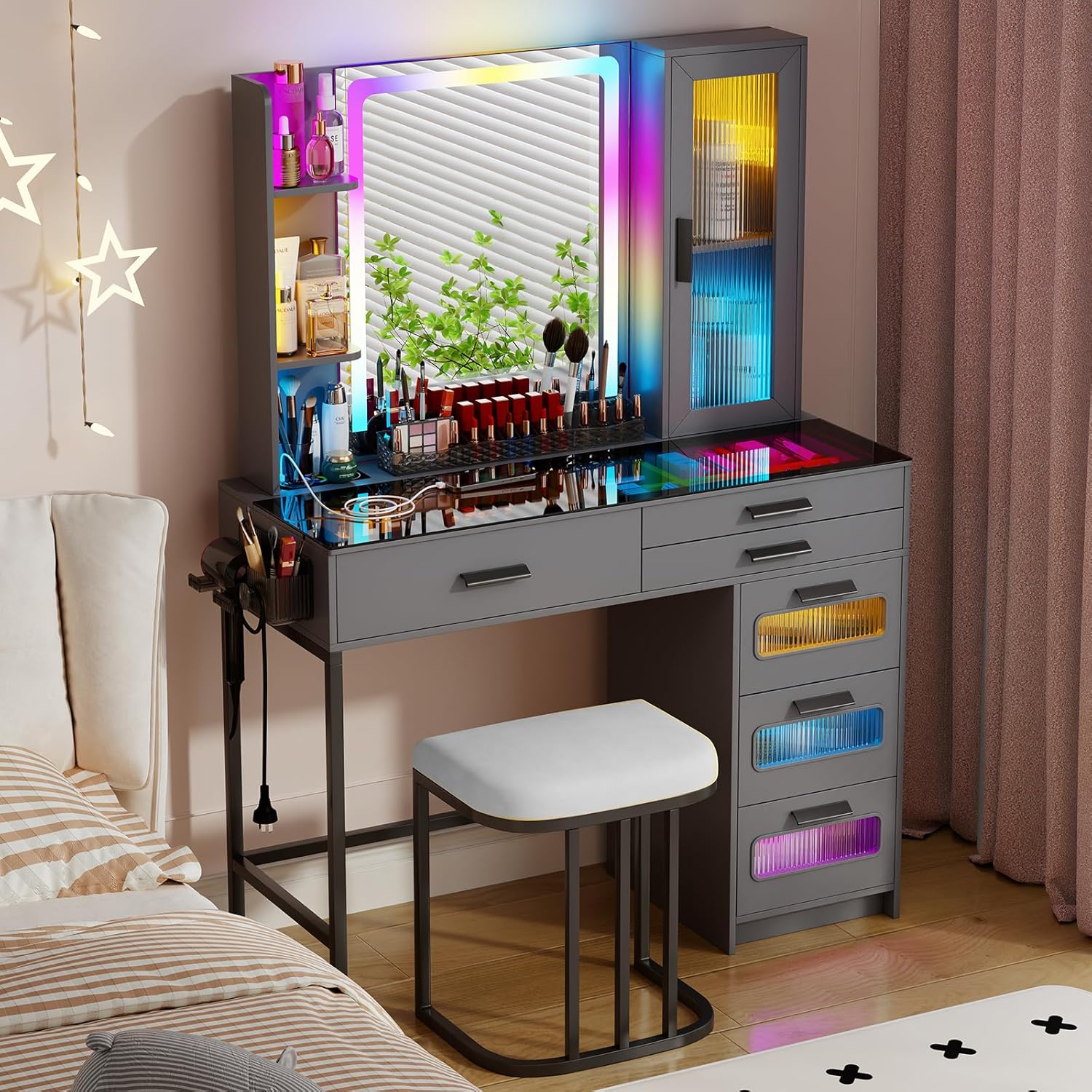 Makeup Vanity Desk with RGB Lights and Wireless Charging Station
