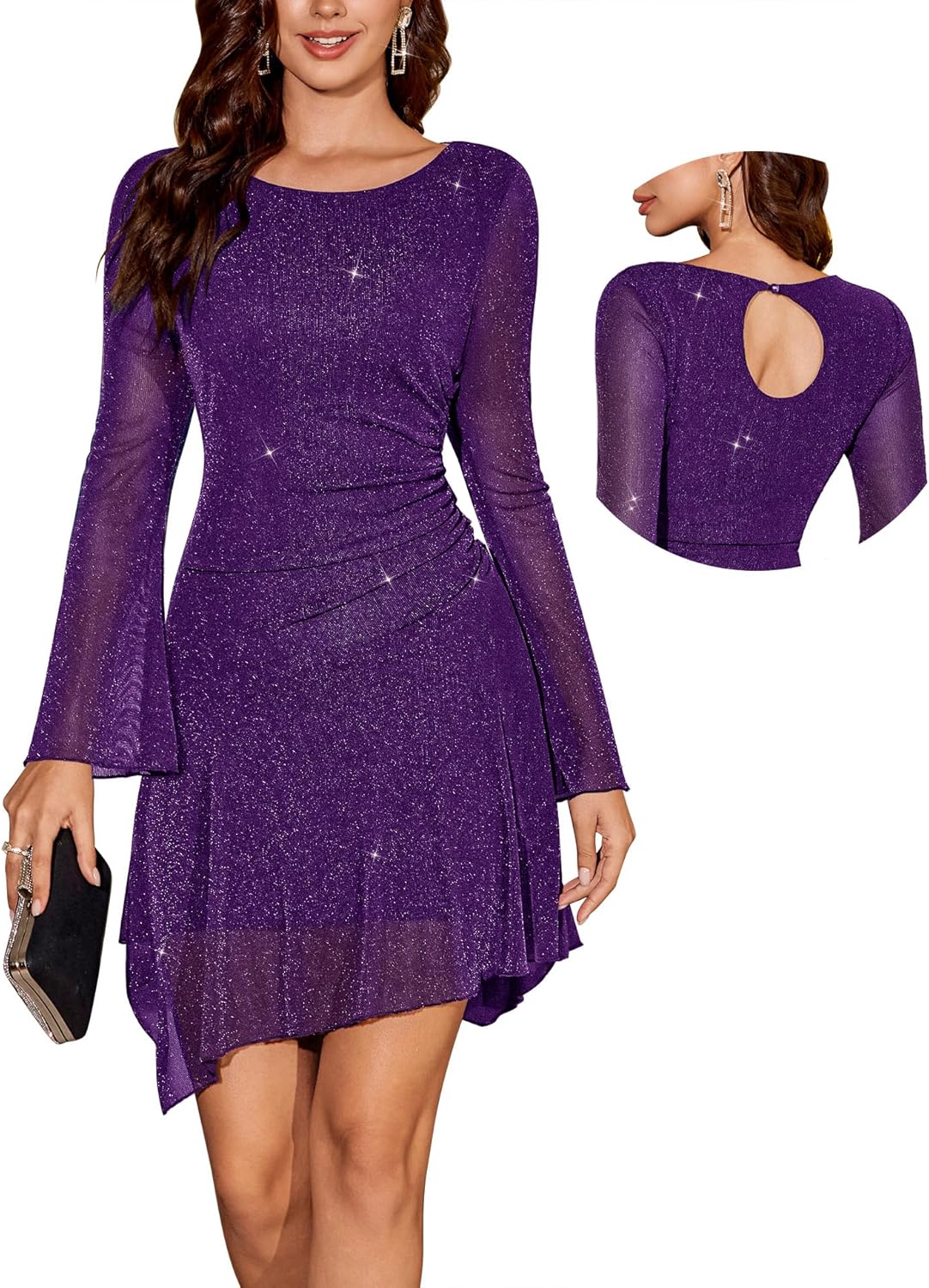 Sparkly Dresses for Women with Ruched Waist and Bell Sleeves