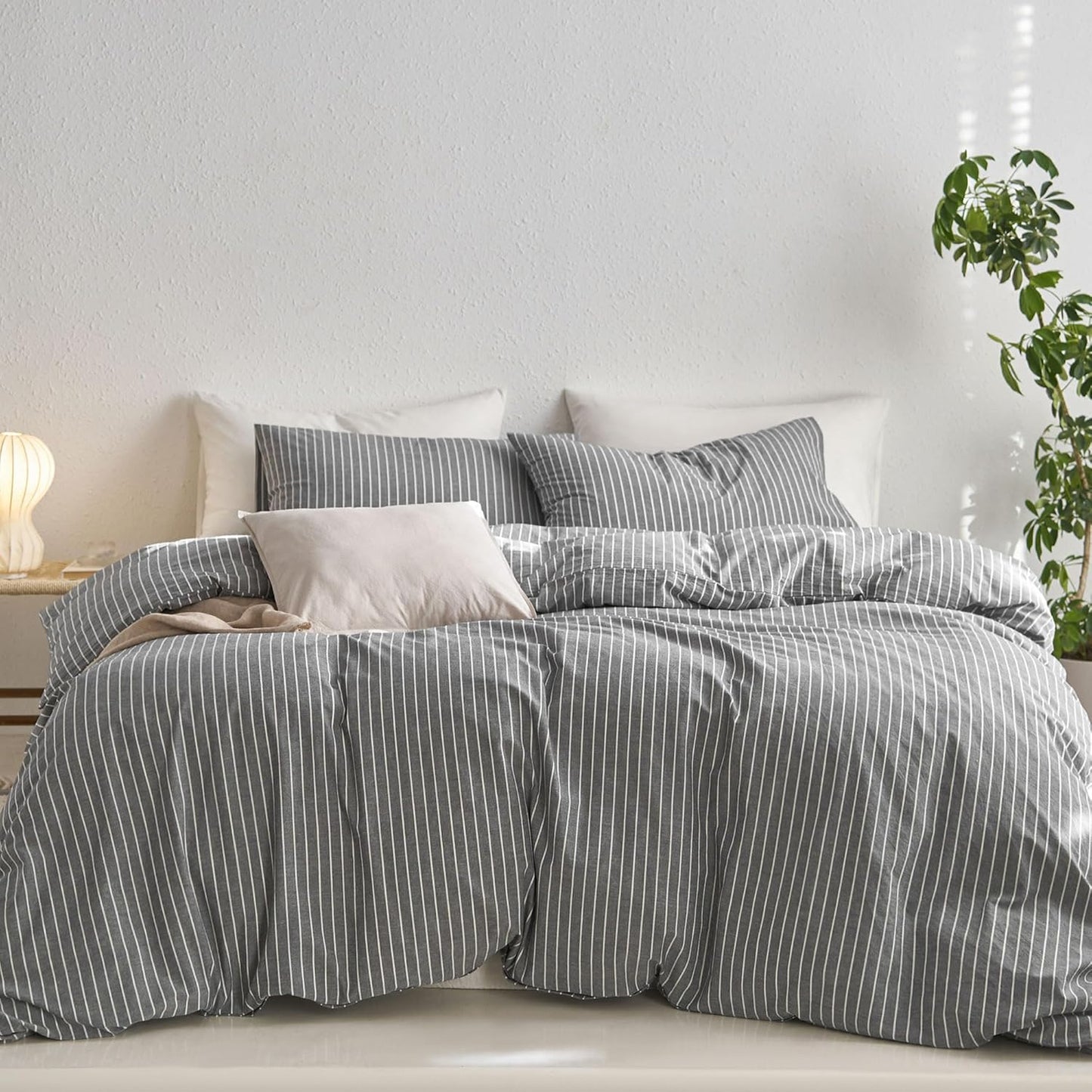 MooMee Striped Duvet Cover Set for Queen Bed - Soft Cotton Feel