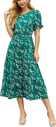 GRECERELLE Women's Casual Loose Crewneck Boho Midi Dress