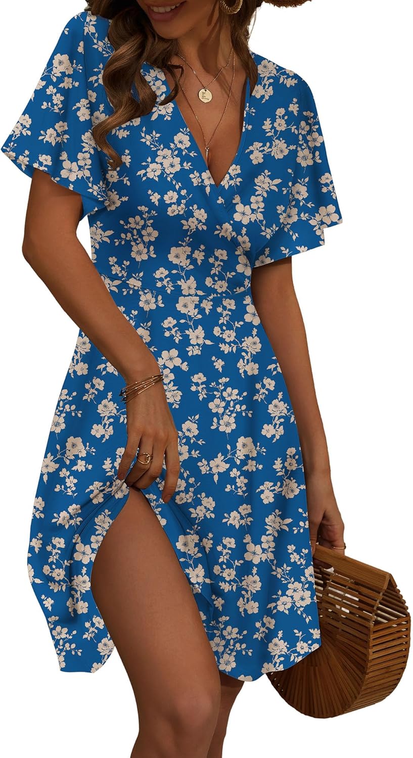 FENSACE Womens Sundress Summer Floral Short Sleeve Wrap Dress