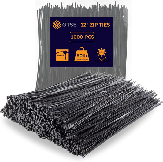 GTSE 12 Inch Black Zip Ties - 1000 Pack for All Your Needs